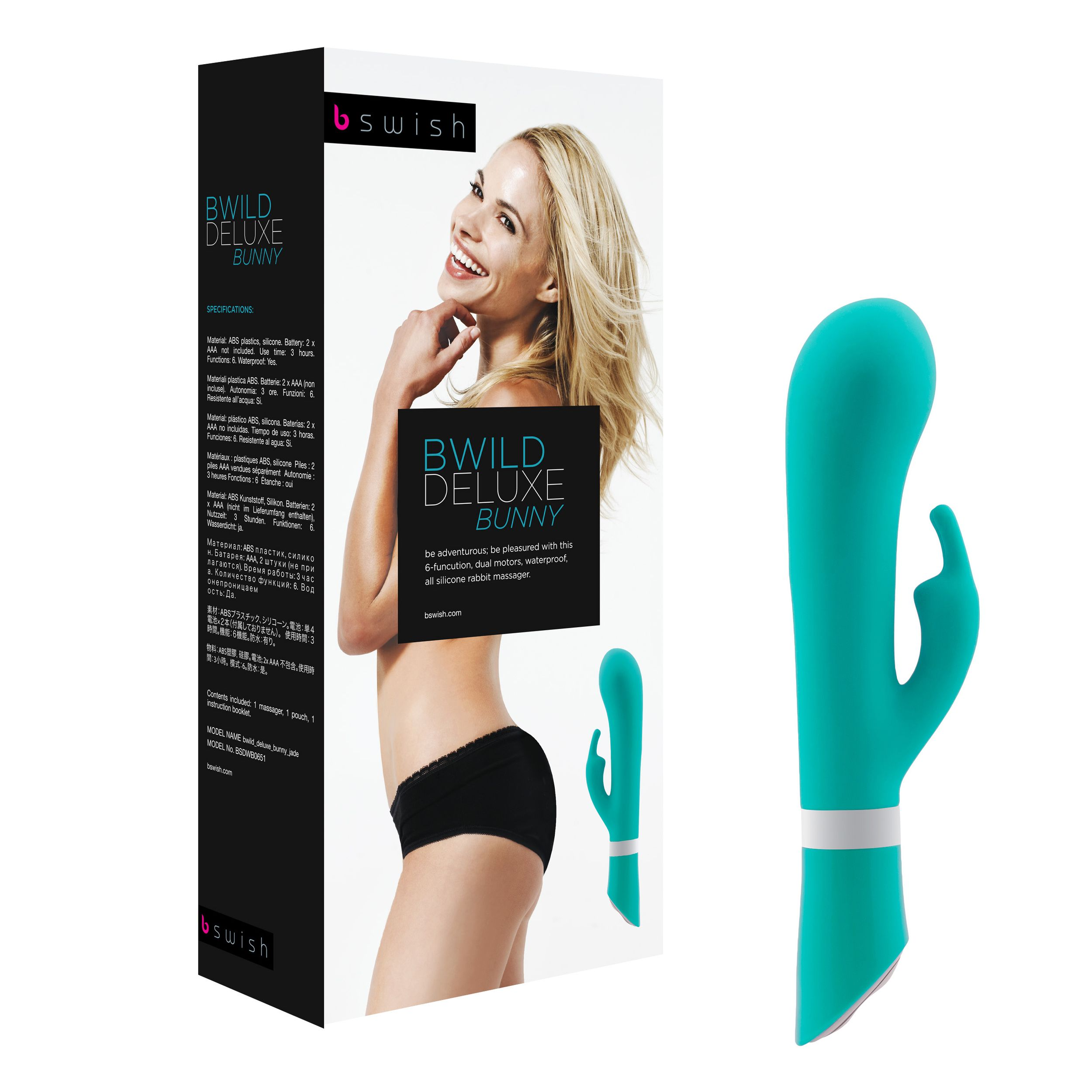 Imagen muestra una mujer sonriendo, un vibrador de conejo turquesa y embalaje del producto.