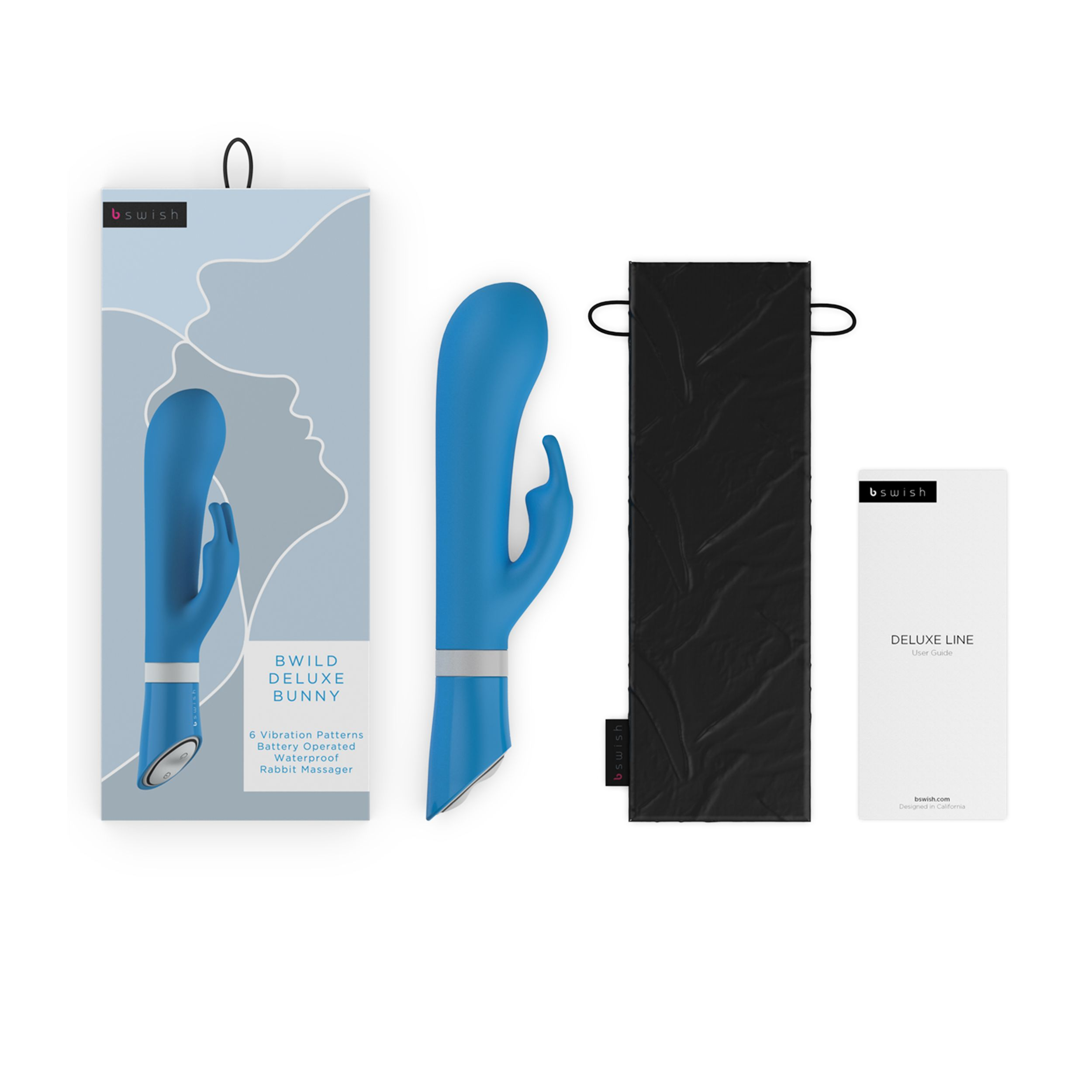 La imagen muestra un vibrador azul, su caja, una bolsa negra y una tarjeta blanca con texto y el logotipo de la marca.