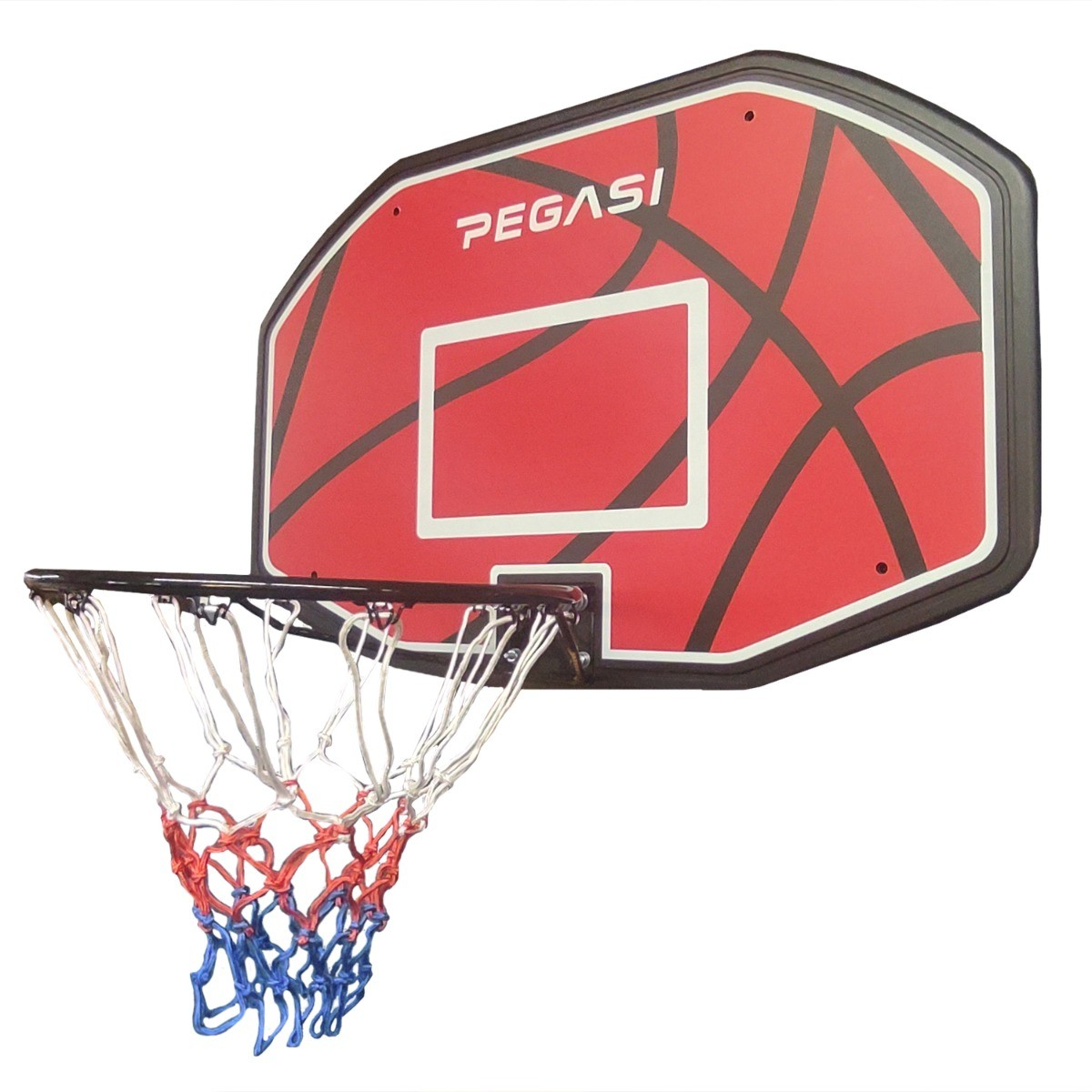 A basketball hoop with a red backboard, black trim and lines, a white square, and a net with red, white, and blue colors.