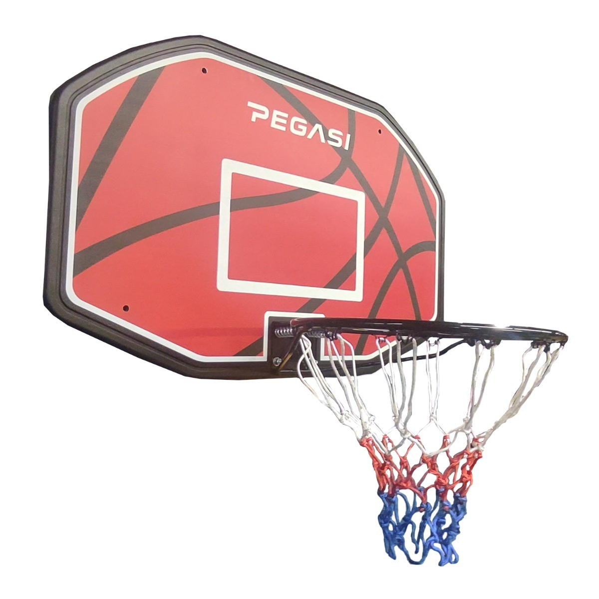 A basketball hoop with a red backboard, a white square, and a net with white, red, and blue strands, isolated on white.
