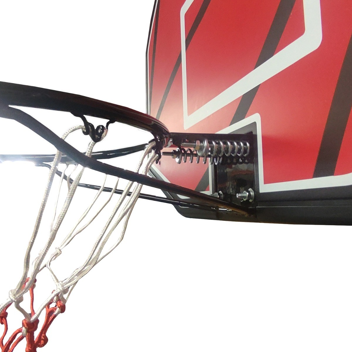 Basketball hoop with a red and black backboard. The net is white and red. Springs are visible. The background is white.