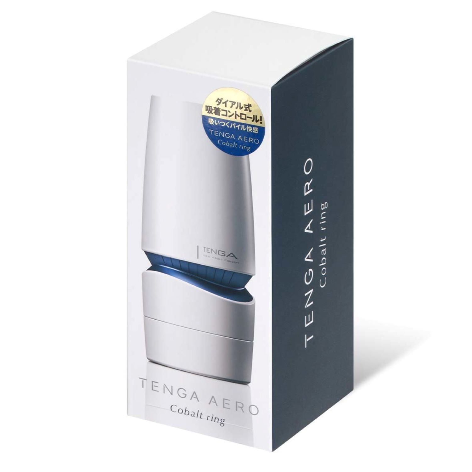 Eine Produktbox mit der Aufschrift 'TENGA AERO Cobalt Ring'. Die Box ist weiß und dunkelblau. Das Produkt selbst ist weiß und blau.