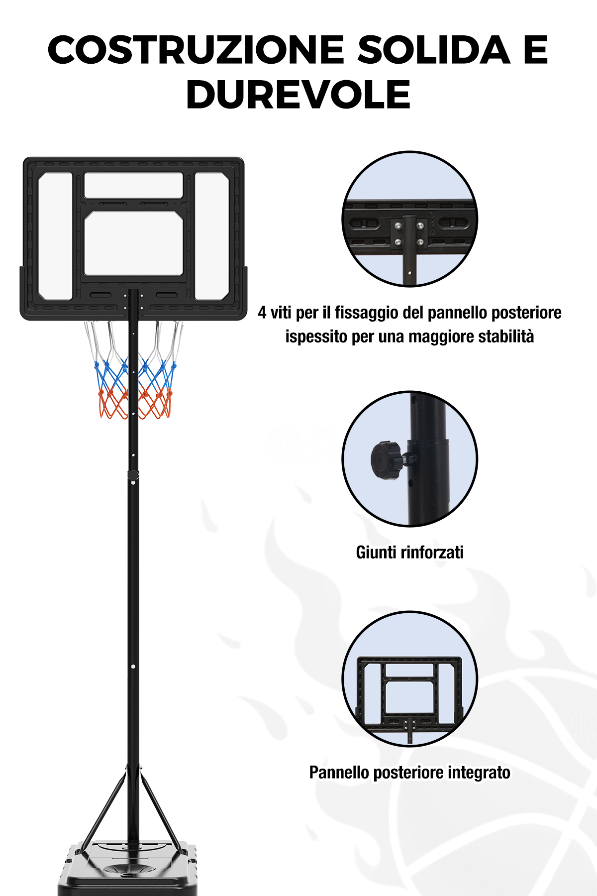 Un canestro da basket nero su un palo nero e una base nera. Il canestro ha una rete bianca con dettagli rossi e blu.