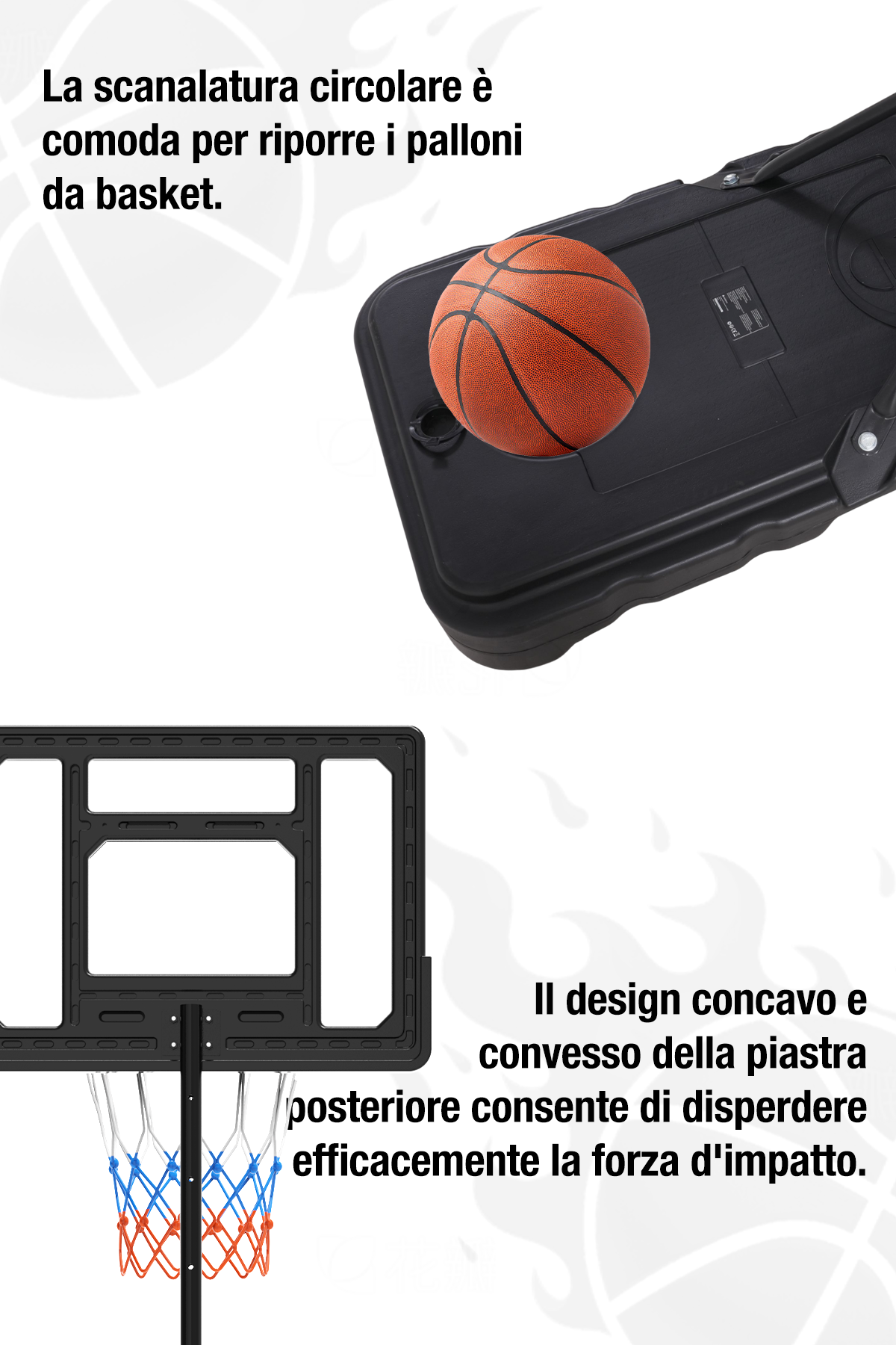 Pallone da basket su tabellone nero. Canestro in primo piano. Il testo indica la dispersione della forza d'impatto.