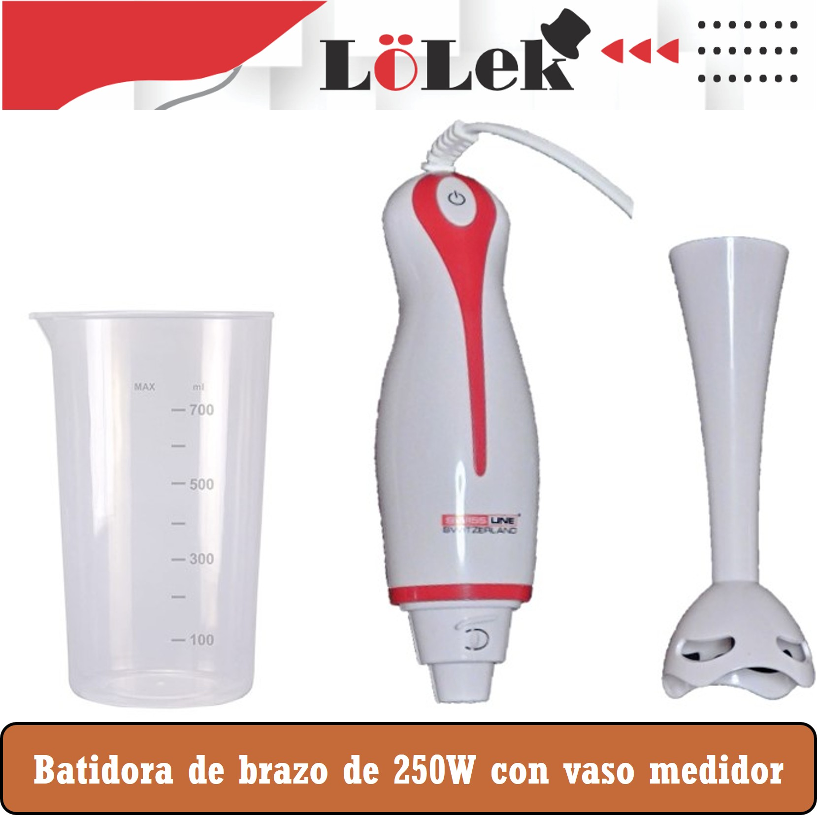 Una batidora de inmersión blanca y roja con una taza medidora y un accesorio de mezcla. El texto dice: Batidora de brazo de 250W.
