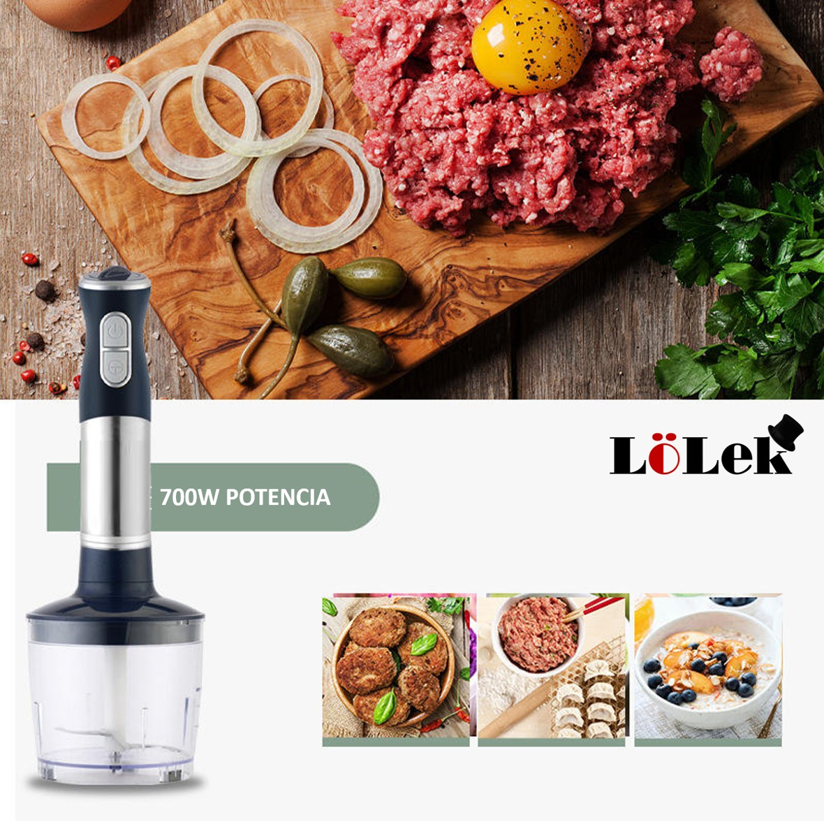 Una escena de preparación de alimentos con una batidora. Ingredientes como carne cruda, yema de huevo, cebollas y alcaparras están en una tabla de madera.