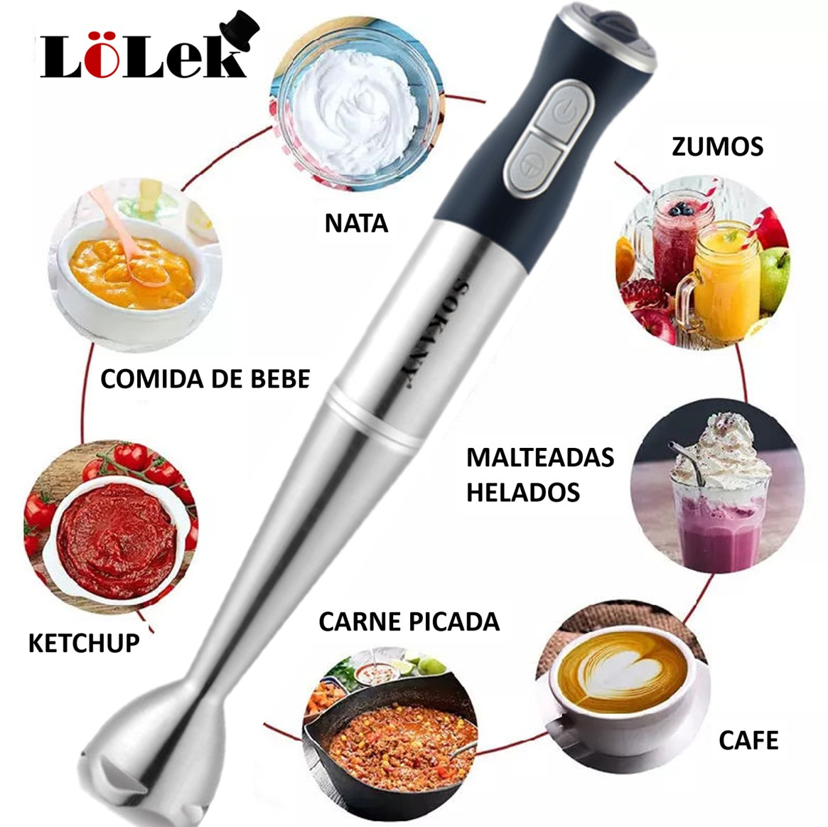 Una batidora con ejemplos de comida: comida para bebés, ketchup, carne picada, café, crema batida, batidos. Incluye el logo de la marca.