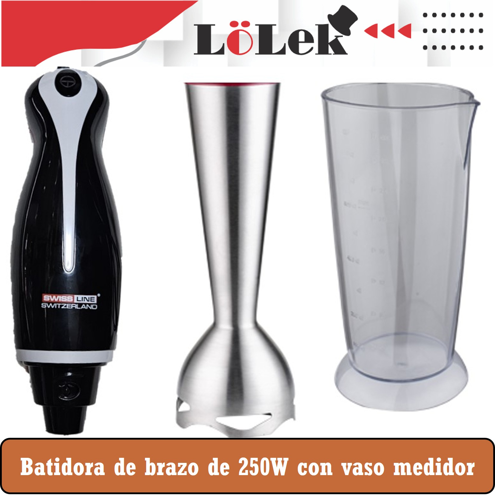 Una batidora de mano negra y plateada con un vaso medidor. La batidora tiene 'Swiss Line Switzerland'.