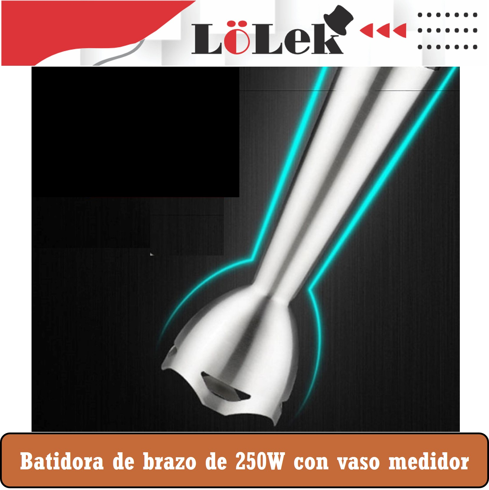 Una batidora de inmersión con eje de acero inoxidable. El fondo es oscuro. El logotipo está en la parte superior.