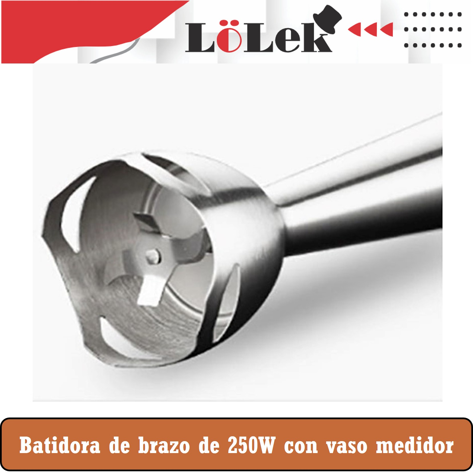 Primer plano de un cabezal de batidora de inmersión de metal. Las cuchillas son visibles y el mango se extiende hacia la derecha. El fondo es blanco.
