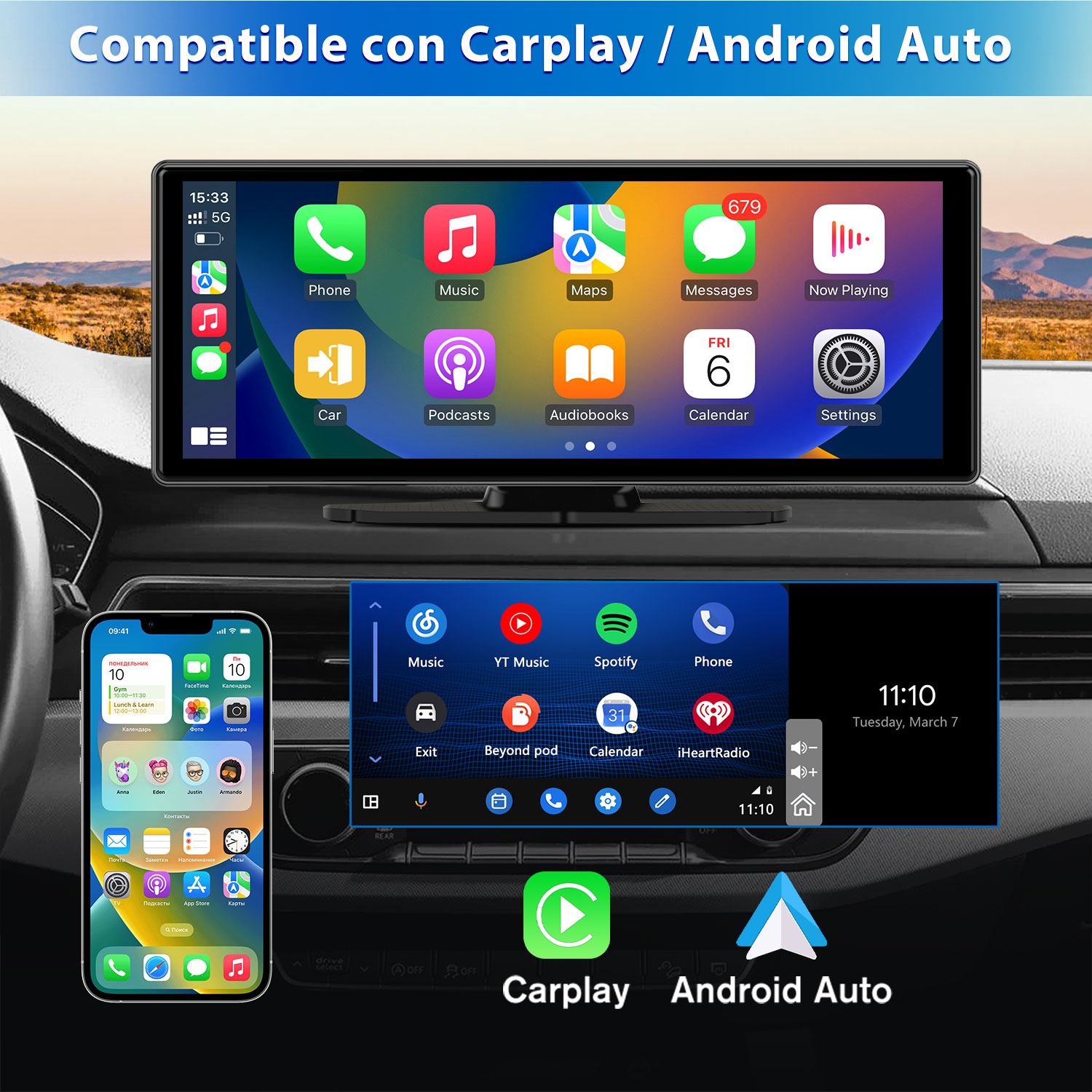 Pantalla del coche mostrando aplicaciones como Teléfono, Mapas y Música. Una pantalla más pequeña muestra la interfaz del teléfono. Logos Carplay y Android Auto.