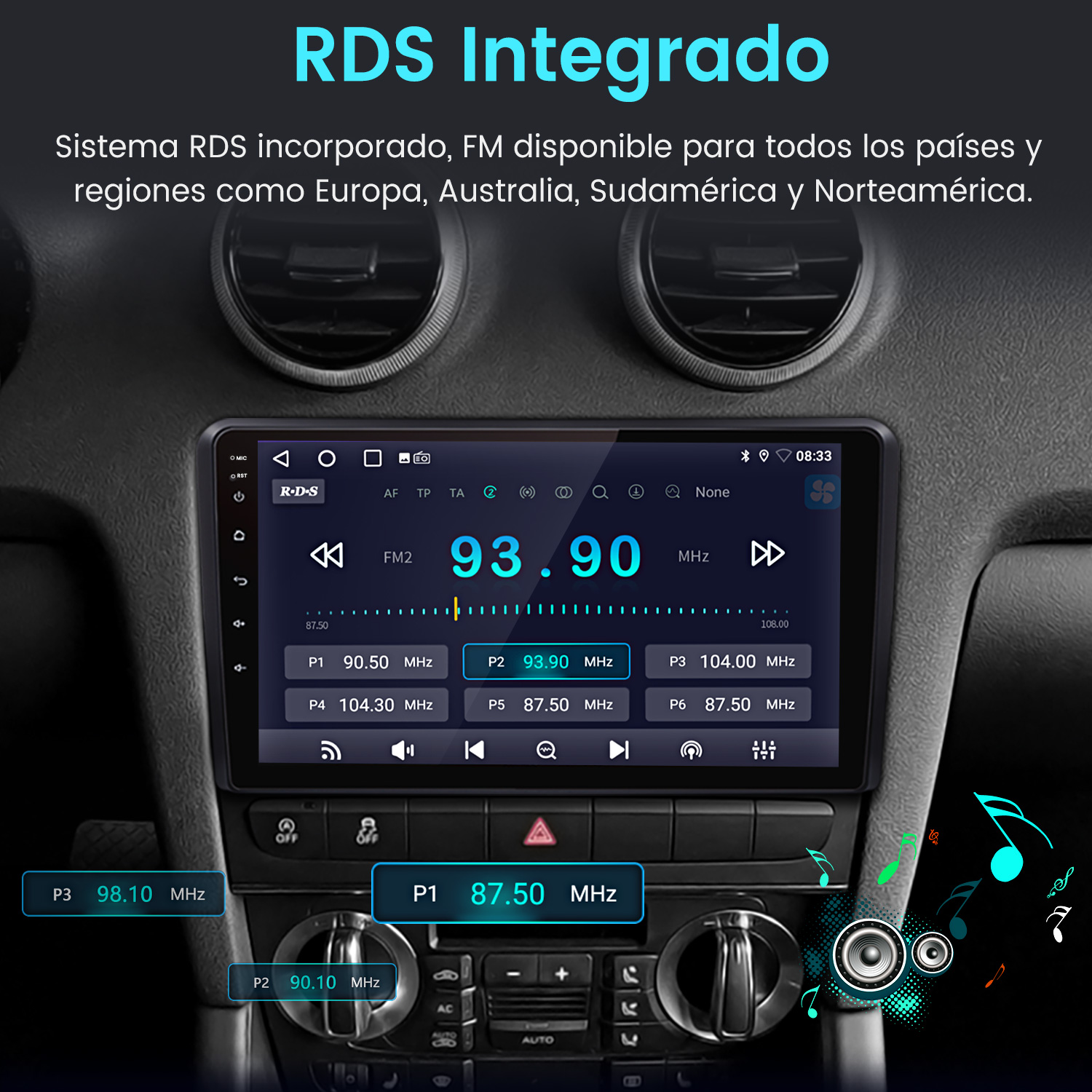 Panel del coche con sistema RDS integrado que muestra información de radio FM. La pantalla muestra la frecuencia y las presintonías.