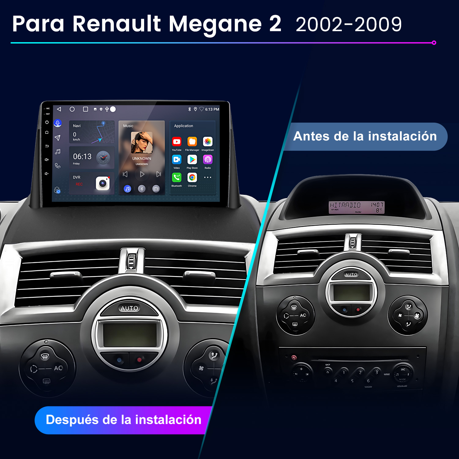 Comparación de tablero de coche: radio original a la derecha, nueva pantalla táctil a la izquierda, mostrando navegación y apps.