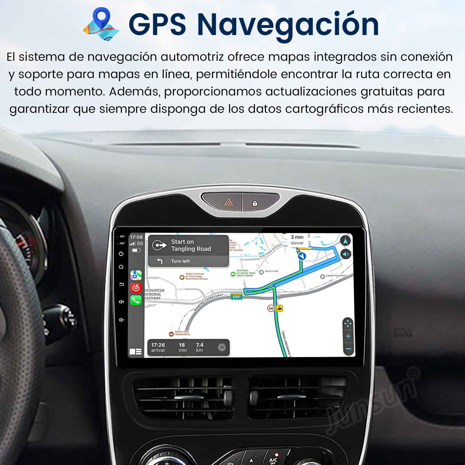 Deska rozdzielcza samochodu z nawigacją GPS wyświetlająca mapę ze szczegółami trasy. Ikona mapy na górze, tekst po hiszpańsku.