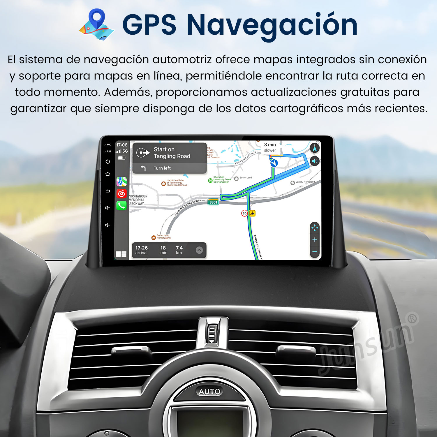 Pantalla del sistema de navegación del coche mostrando un mapa. La pantalla está montada en el salpicadero del coche. El texto GPS Navegación es visible.