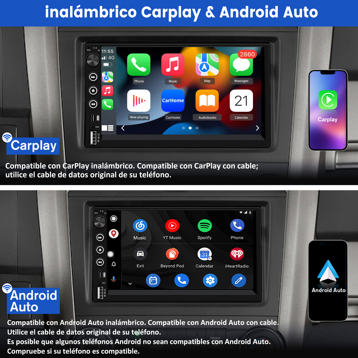 Pantalla del coche mostrando aplicaciones del teléfono, con iconos de CarPlay y Android Auto. Dos smartphones muestran logos.