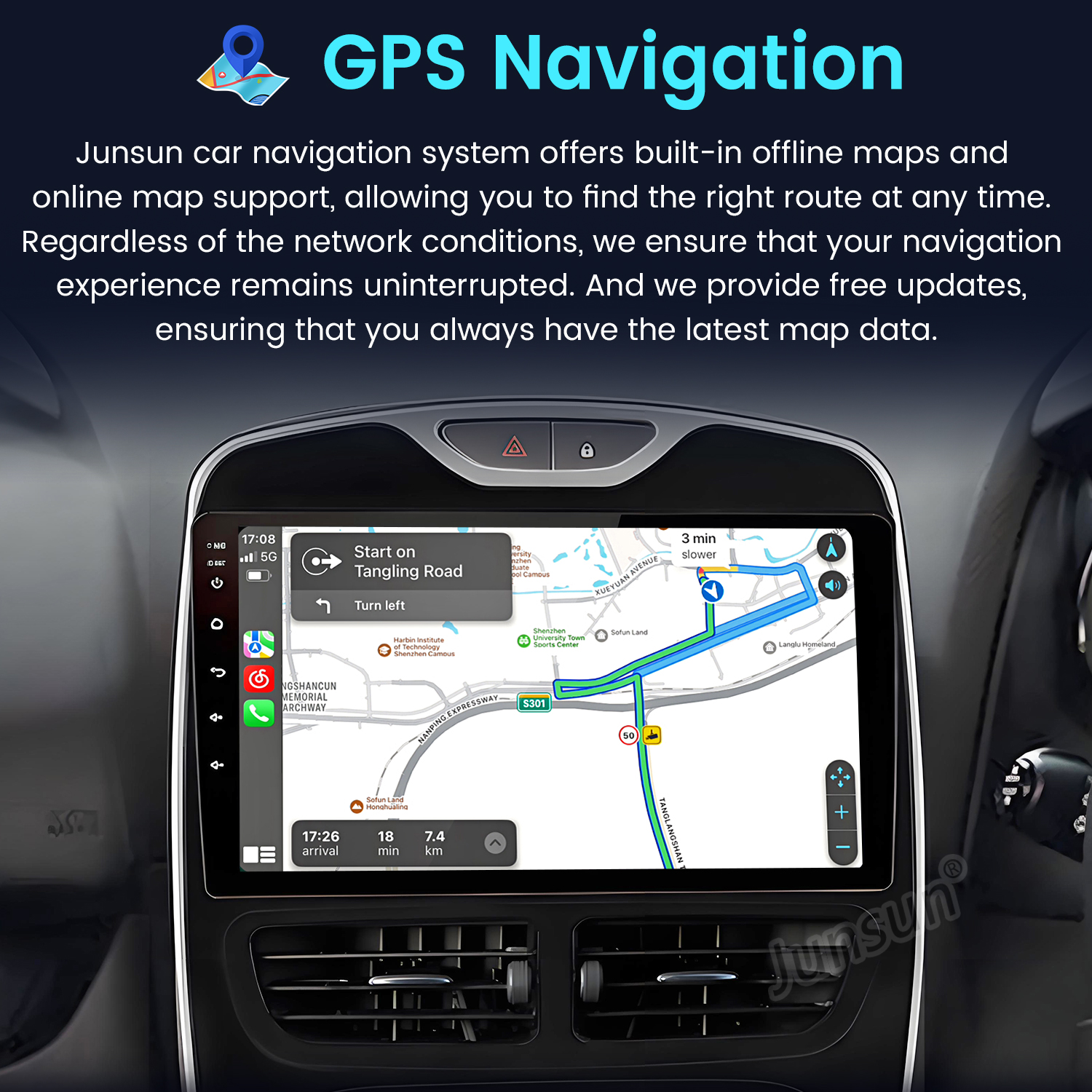 Pantalla del sistema de navegación del coche que muestra un mapa con guía de ruta. La pantalla muestra una ruta y nombres de calles.