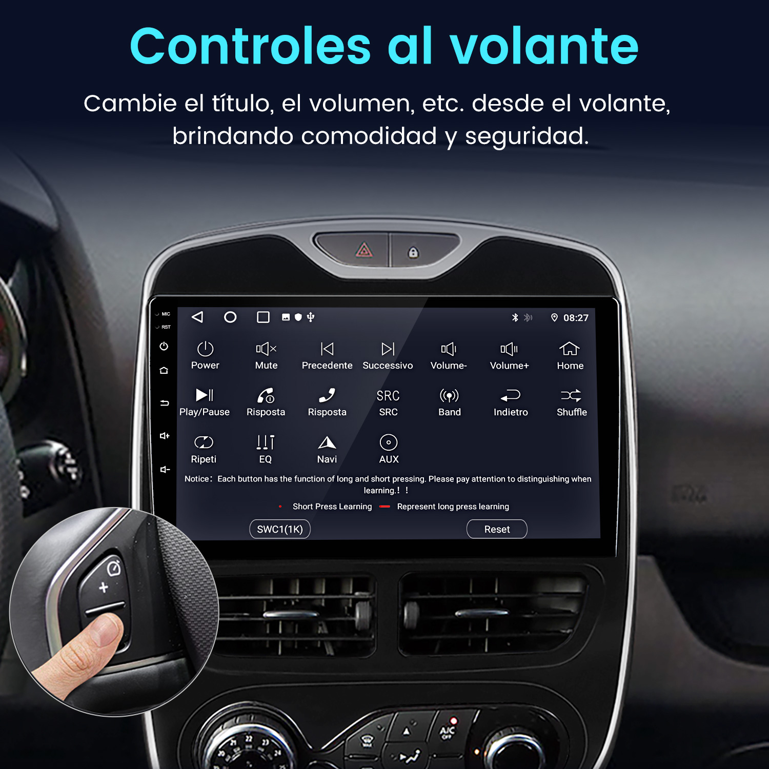 Deska rozdzielcza samochodu z ekranem dotykowym, przyciskami i ręką na kierownicy. Nakładki tekstowe w języku hiszpańskim.