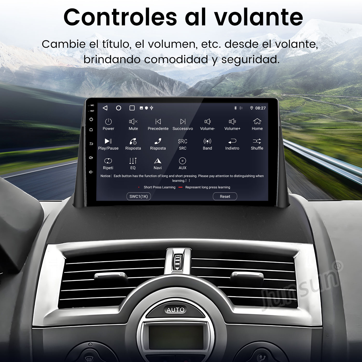 Panel de control del coche con pantalla táctil. El texto superior dice 'Controles al volante'. La pantalla muestra opciones. Fondo borroso de carretera.