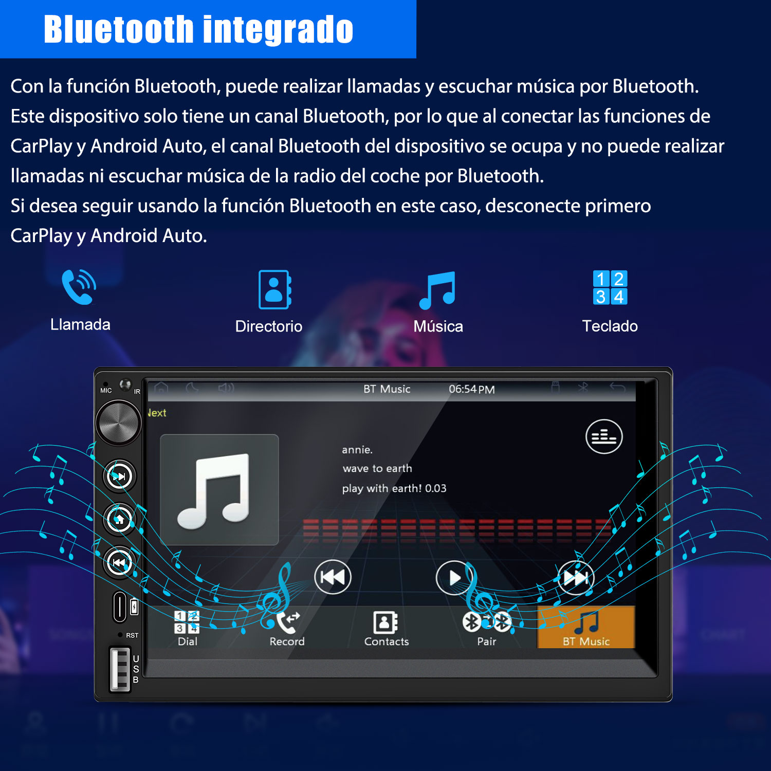 Sistema de audio para automóvil con pantalla que muestra información musical, rodeado de botones de control y notas musicales.