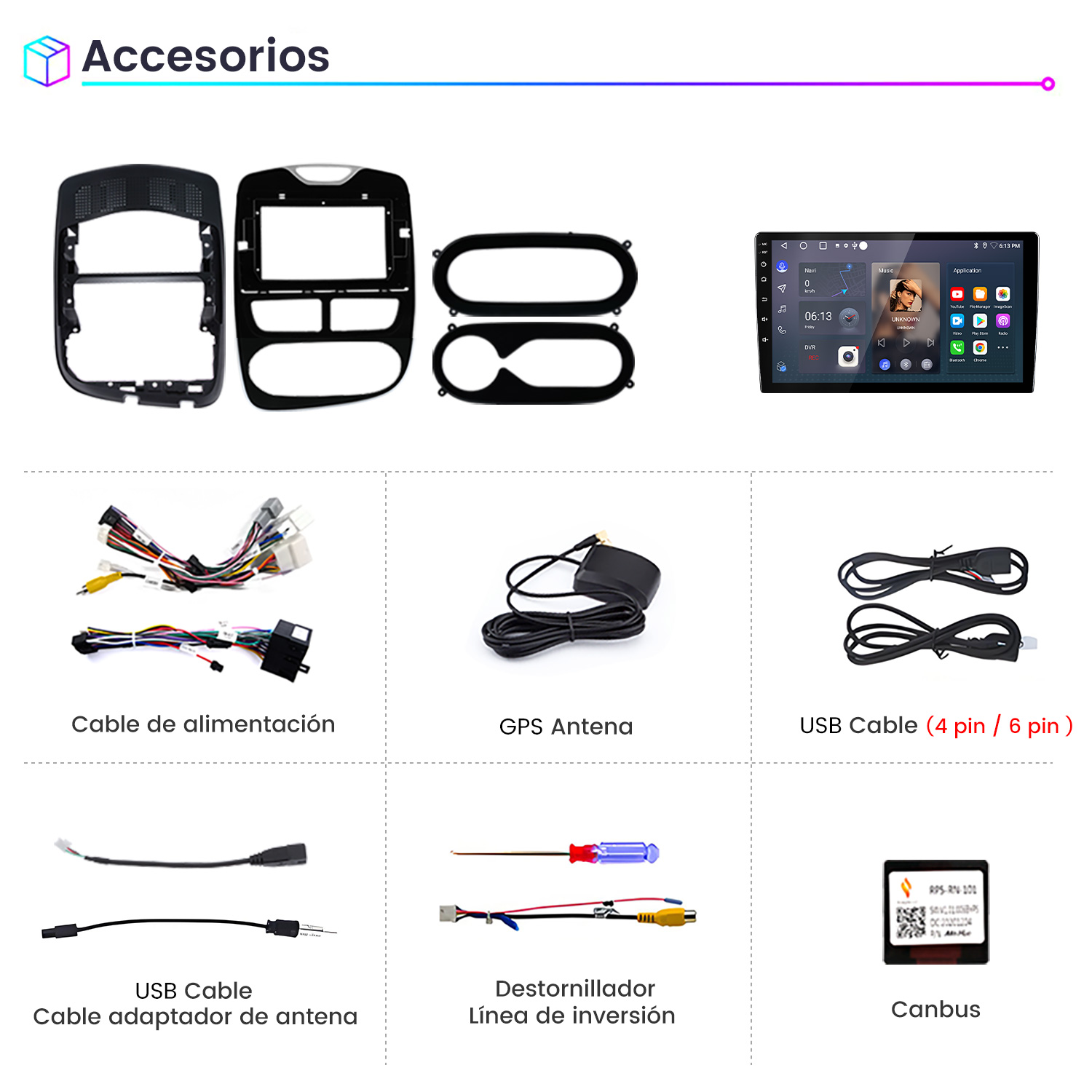 Obraz przedstawia akcesoria samochodowe: kable, antena GPS, kable USB, śrubokręt i Canbus. Ponadto wyświetlacz radia samochodowego i ramki.