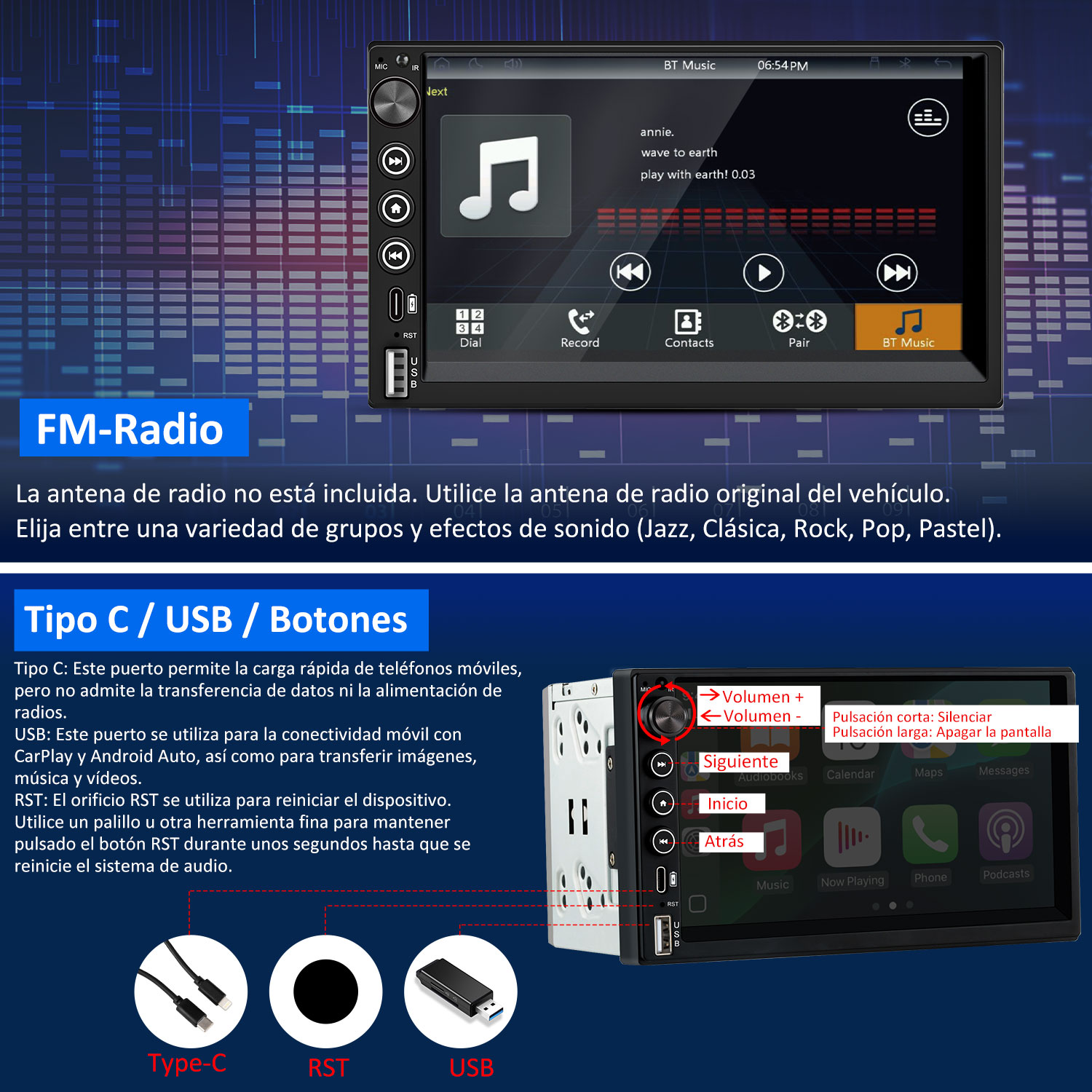 Sistema multimedia para automóvil con pantalla que muestra controles de música, botones de volumen y puertos como USB y Tipo-C.