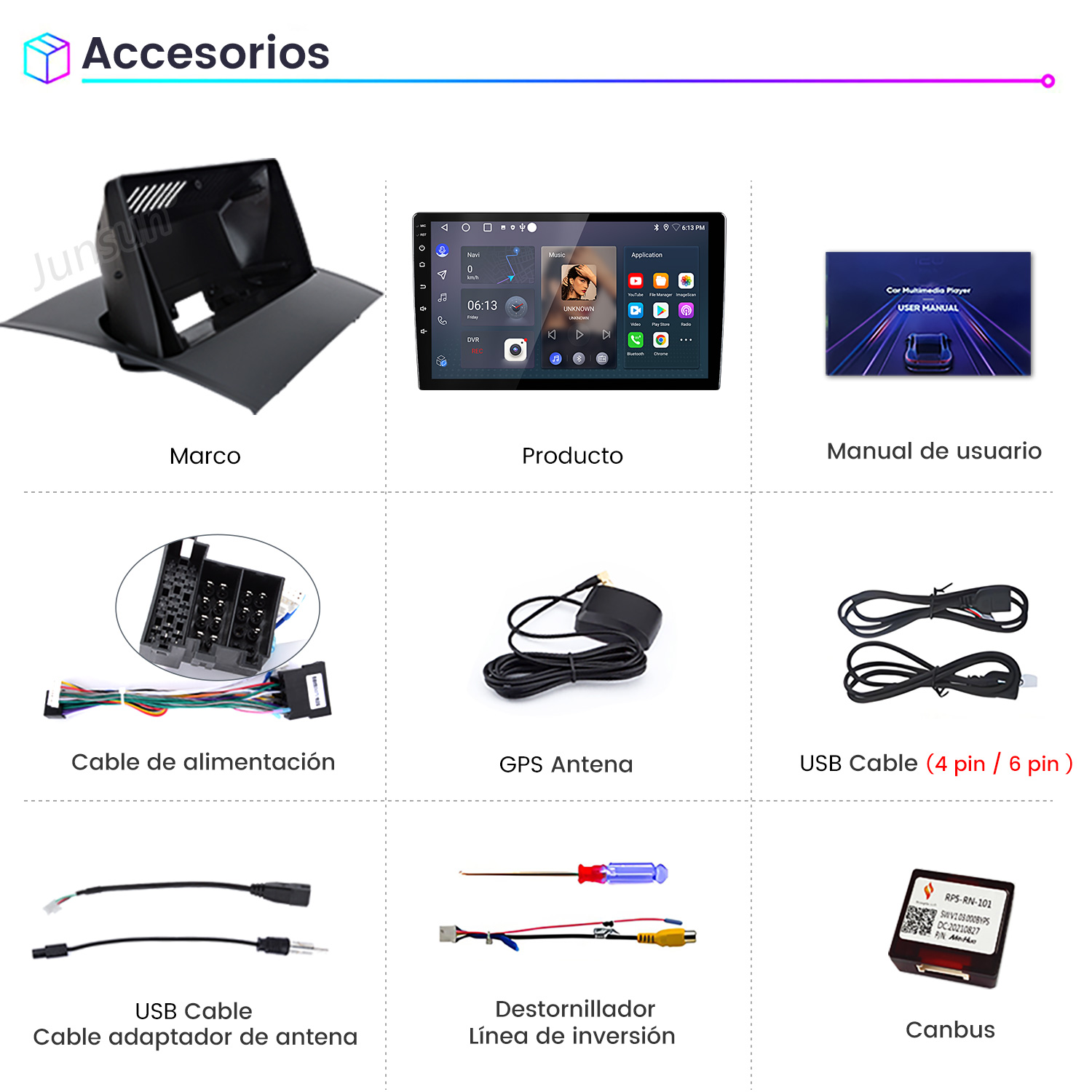 La imagen muestra accesorios para automóviles, incluyendo un marco, una pantalla de reproductor multimedia, un manual y varios cables.