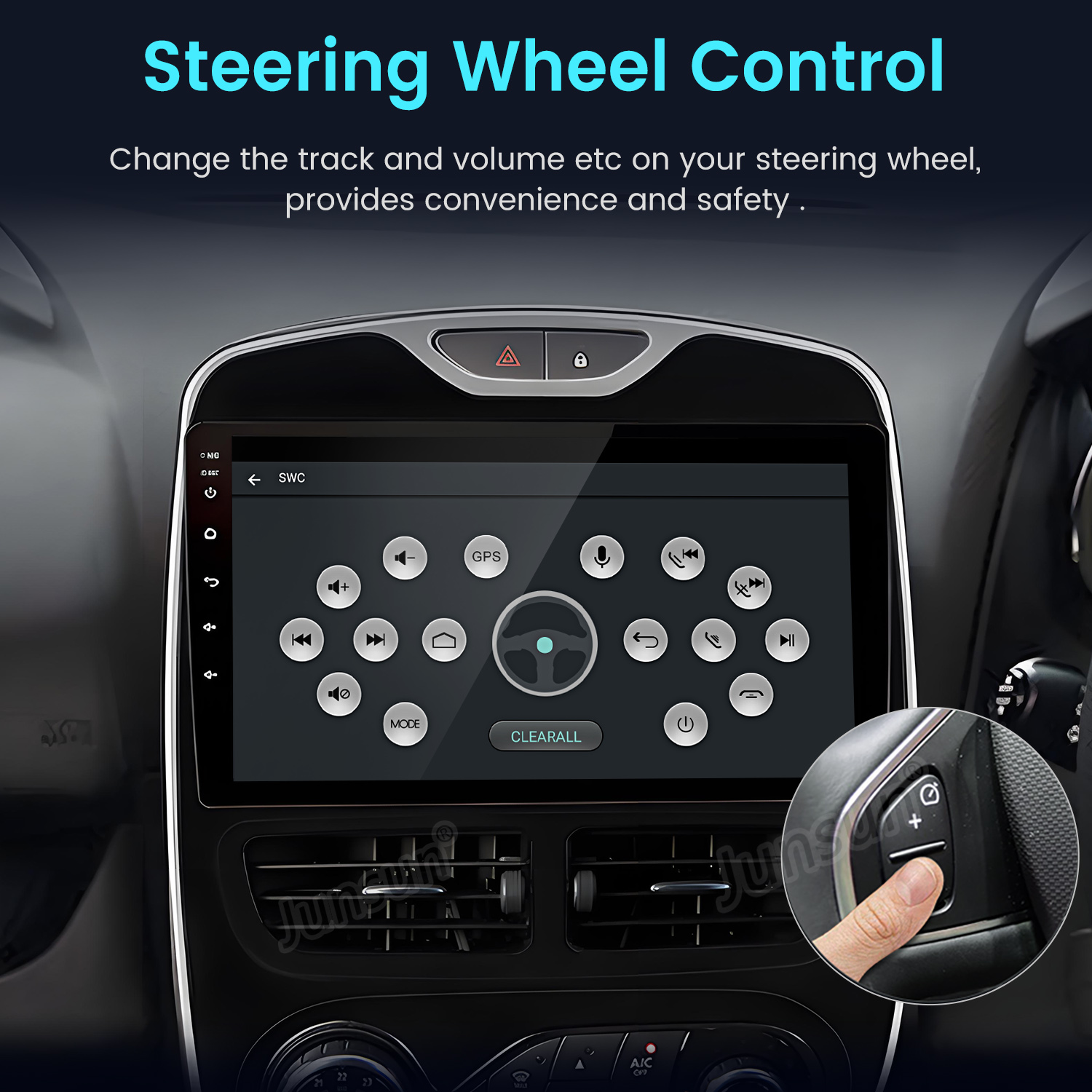 Panel del coche con pantalla táctil, controles del volante y una mano presionando un botón. Texto: Control del volante.