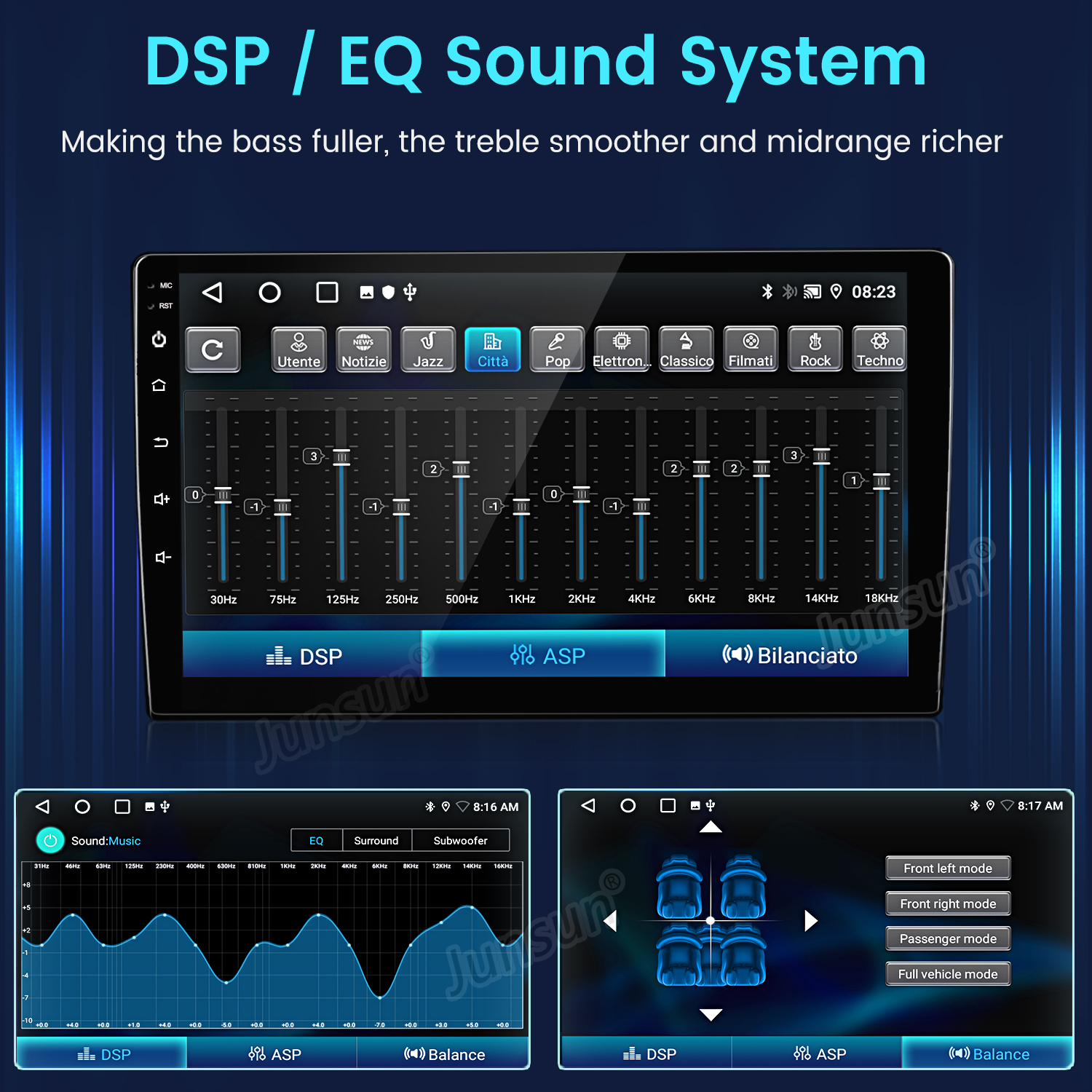 Interfaz del sistema de audio del coche. Cuenta con ajustes de ecualización, modos de sonido y controles de balance, en pantalla táctil.