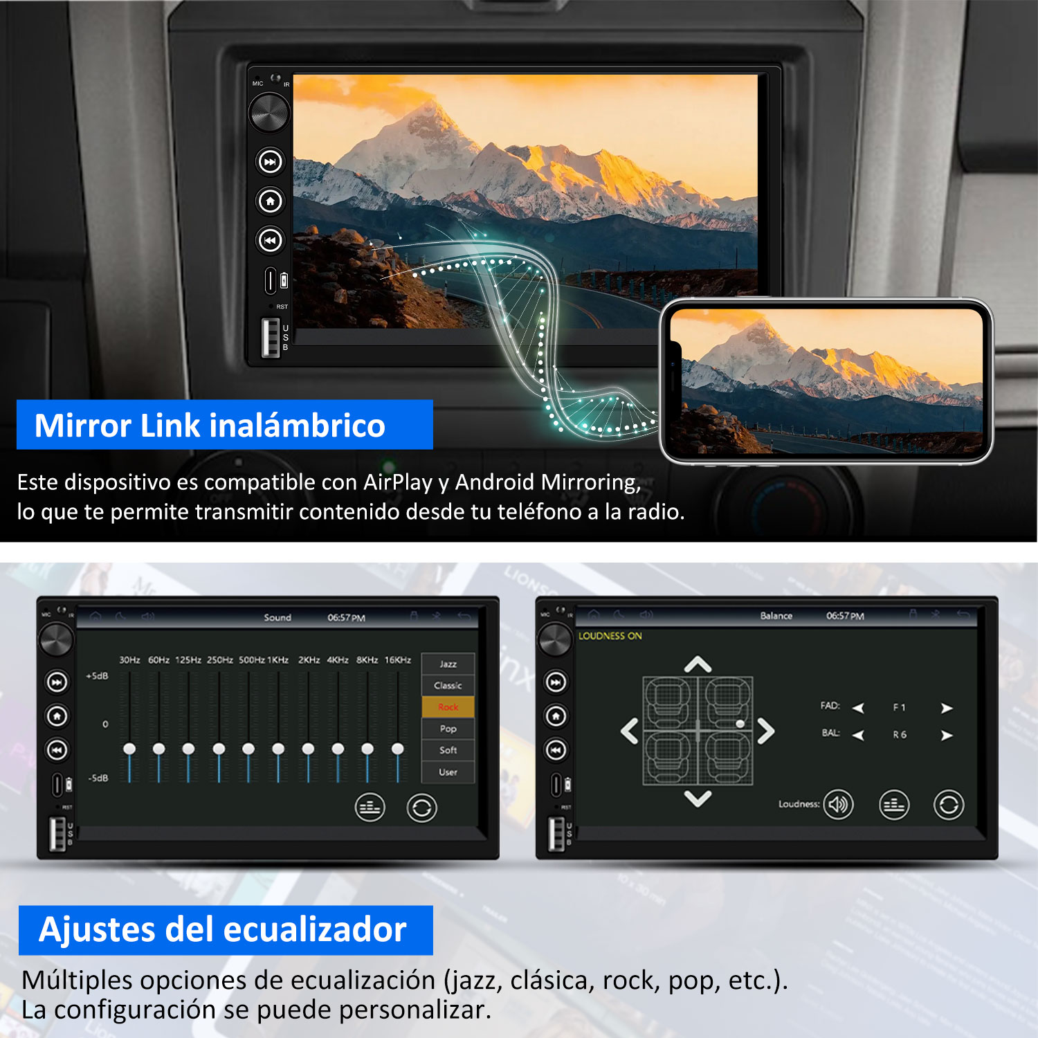 Pantalla de radio de coche con paisaje montañoso, ajustes de ecualizador y balance. Un teléfono muestra la misma imagen.