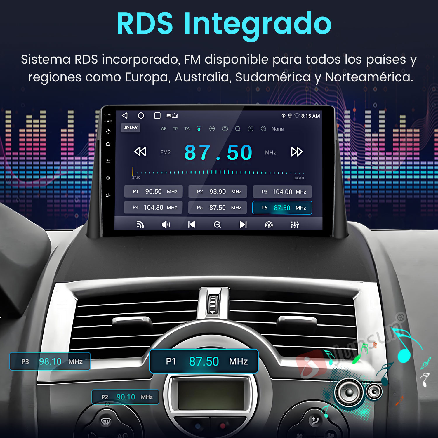 Pantalla de radio del coche mostrando 87.50 MHz. El tablero y las rejillas de ventilación son visibles en primer plano.