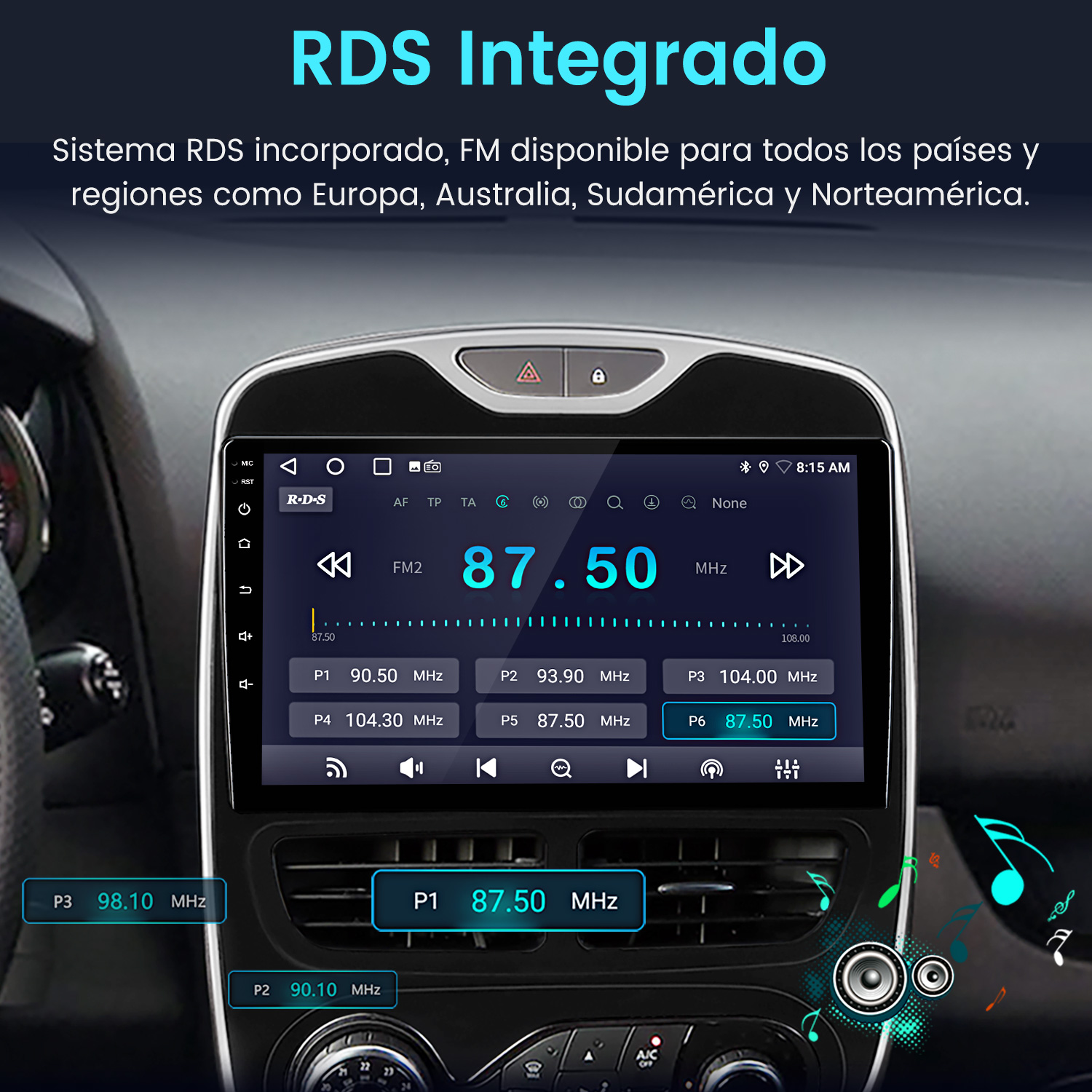 Ekran radia samochodowego wyświetla częstotliwość radiową FM 87,50 MHz. Widoczne wnętrze samochodu, tekst po hiszpańsku opisuje system RDS.