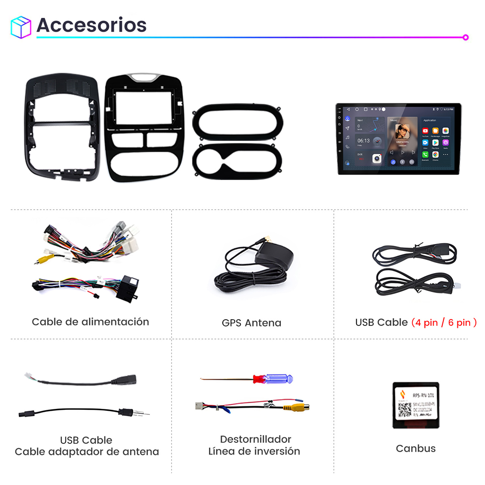 La imagen muestra accesorios para automóviles: marco de radio de coche, antena GPS, cables USB, cable de alimentación, destornillador y adaptador canbus.