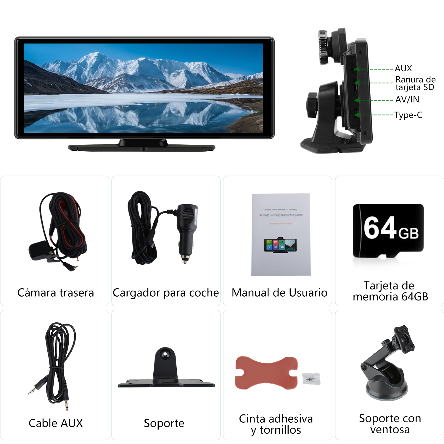 Un sistema de video para automóvil con una pantalla que muestra una escena de lago de montaña y varios accesorios: cables, un cargador, un manual y una tarjeta de memoria.