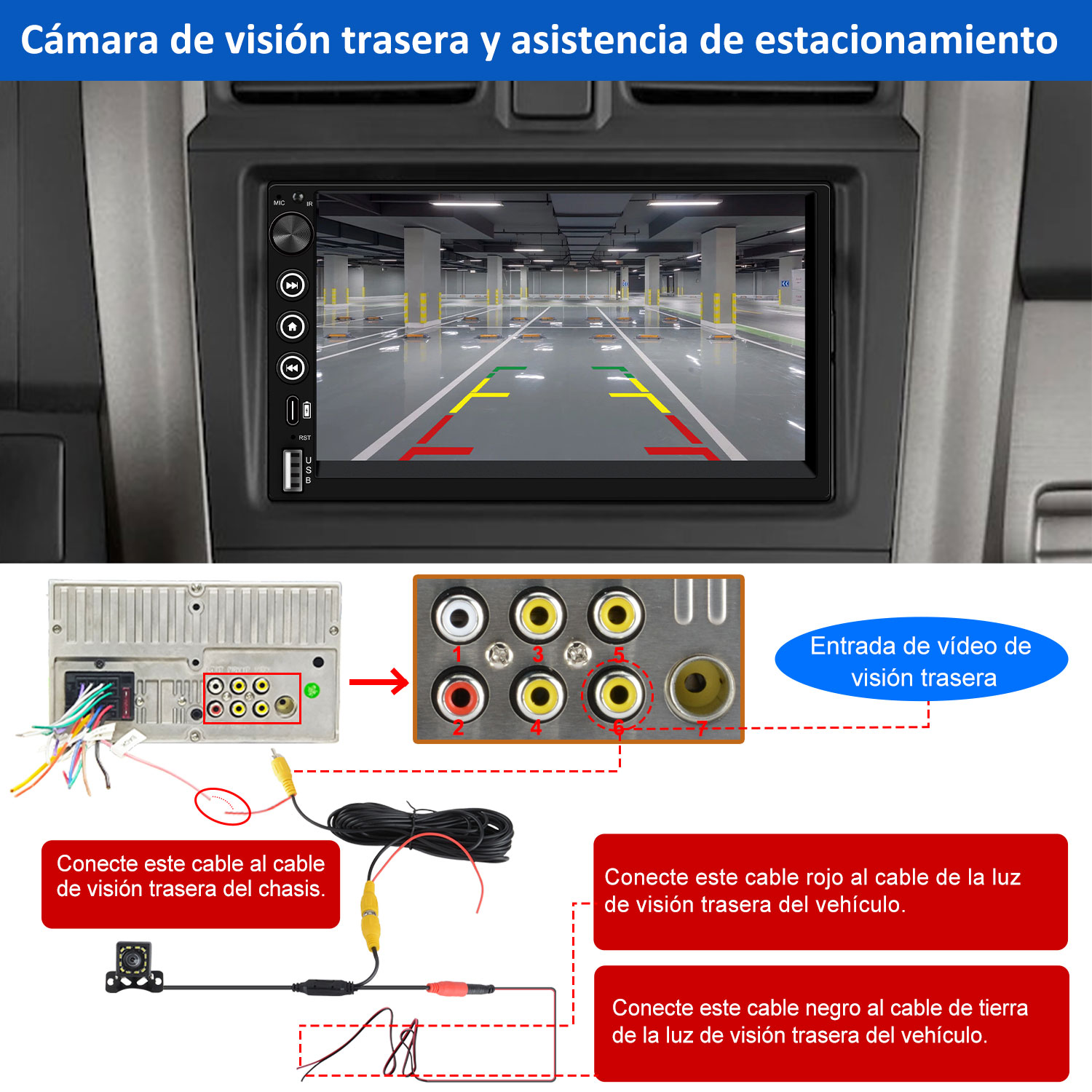 Pantalla de coche mostrando vista de aparcamiento, con diagrama de cableado y etiquetas. Texto: 'cámara trasera' y 'asistencia de aparcamiento'.