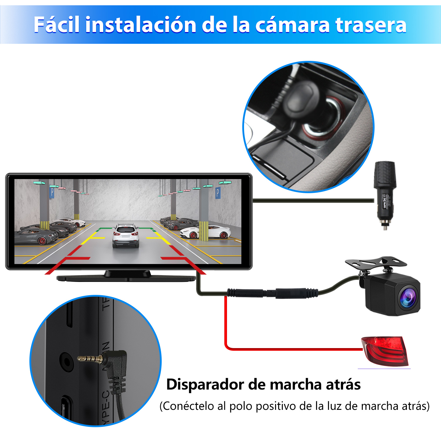 Diagrama de un sistema de cámara para automóvil. Muestra la cámara, pantalla, conexión de alimentación y conexión de luz de marcha atrás, con texto en español.