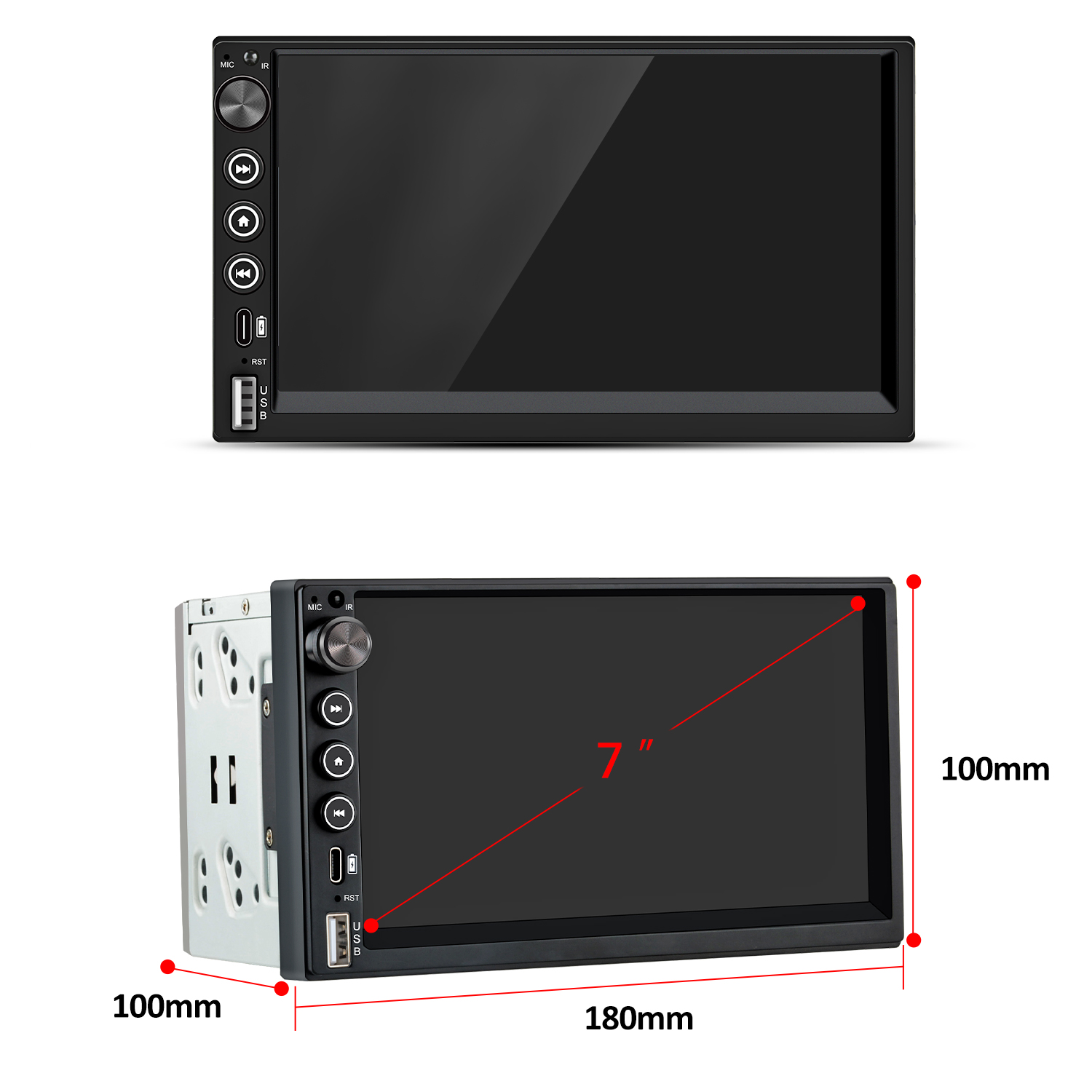 Czarny samochodowy zestaw stereo z 7-calowym ekranem, przyciskami i portem USB. Wymiary: 180 mm szerokości i 100 mm wysokości.