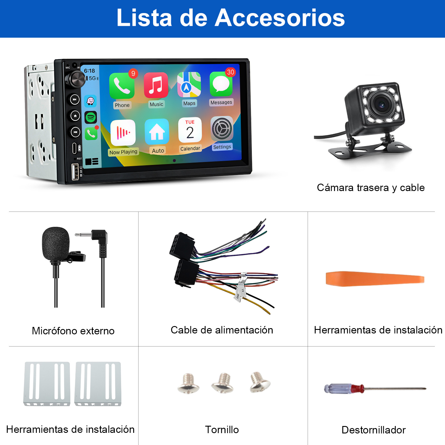 Imagen muestra accesorios de radio de coche: cámara trasera, micrófono, cable de alimentación, herramientas, tornillos y destornillador.