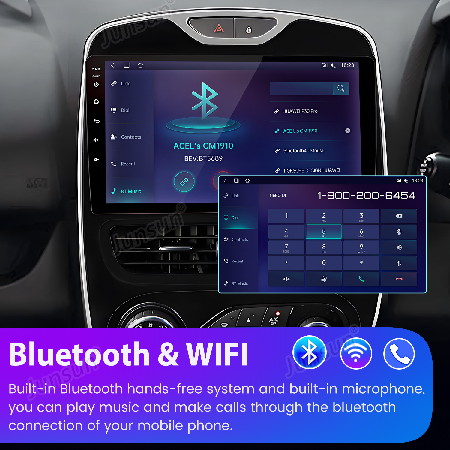 El sistema de infoentretenimiento del coche muestra ajustes Bluetooth y un teclado numérico. La pantalla muestra dispositivos conectados.