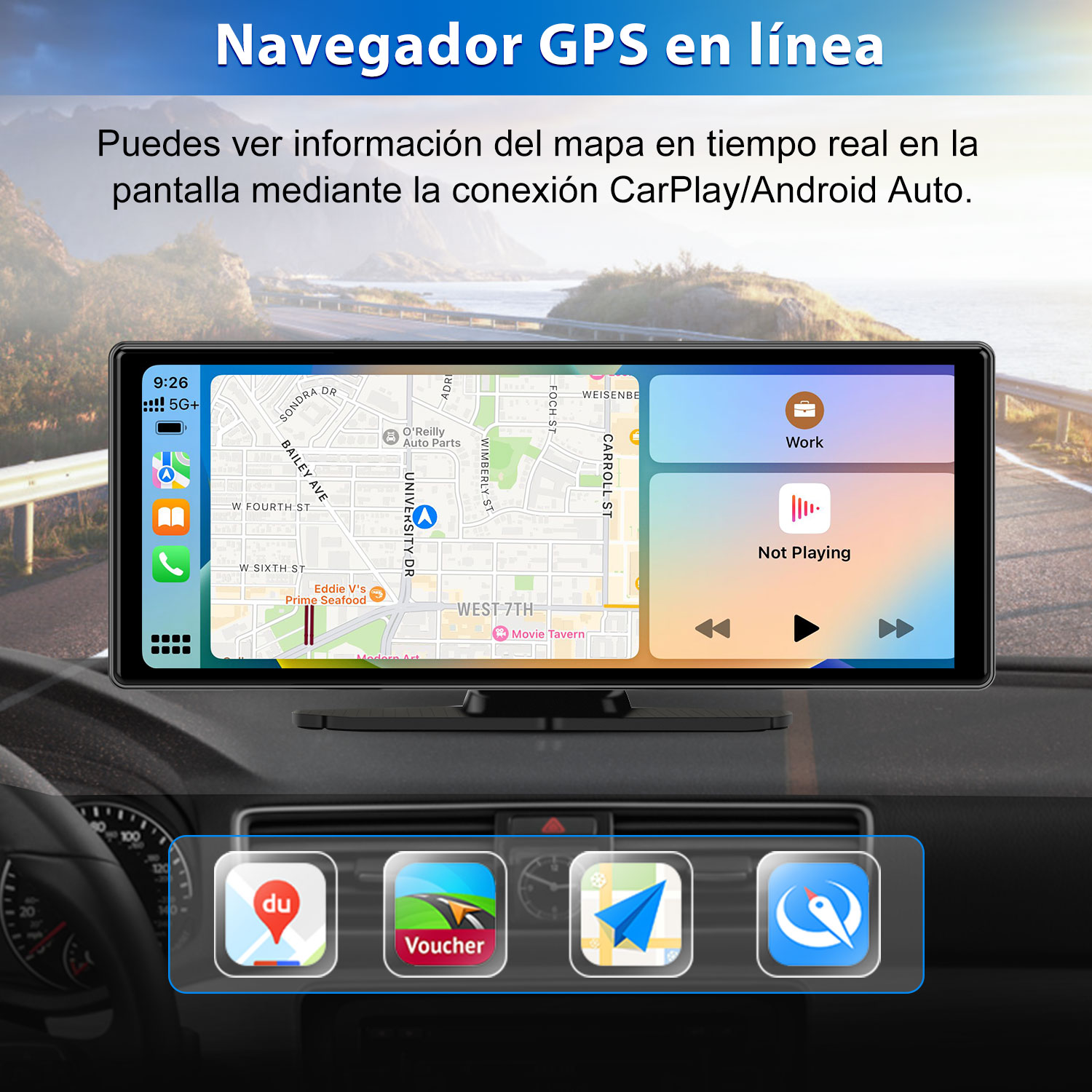 Panel del coche con pantalla GPS mostrando un mapa. Abajo, iconos de apps. La pantalla dice 'Not Playing' y 'Work'.