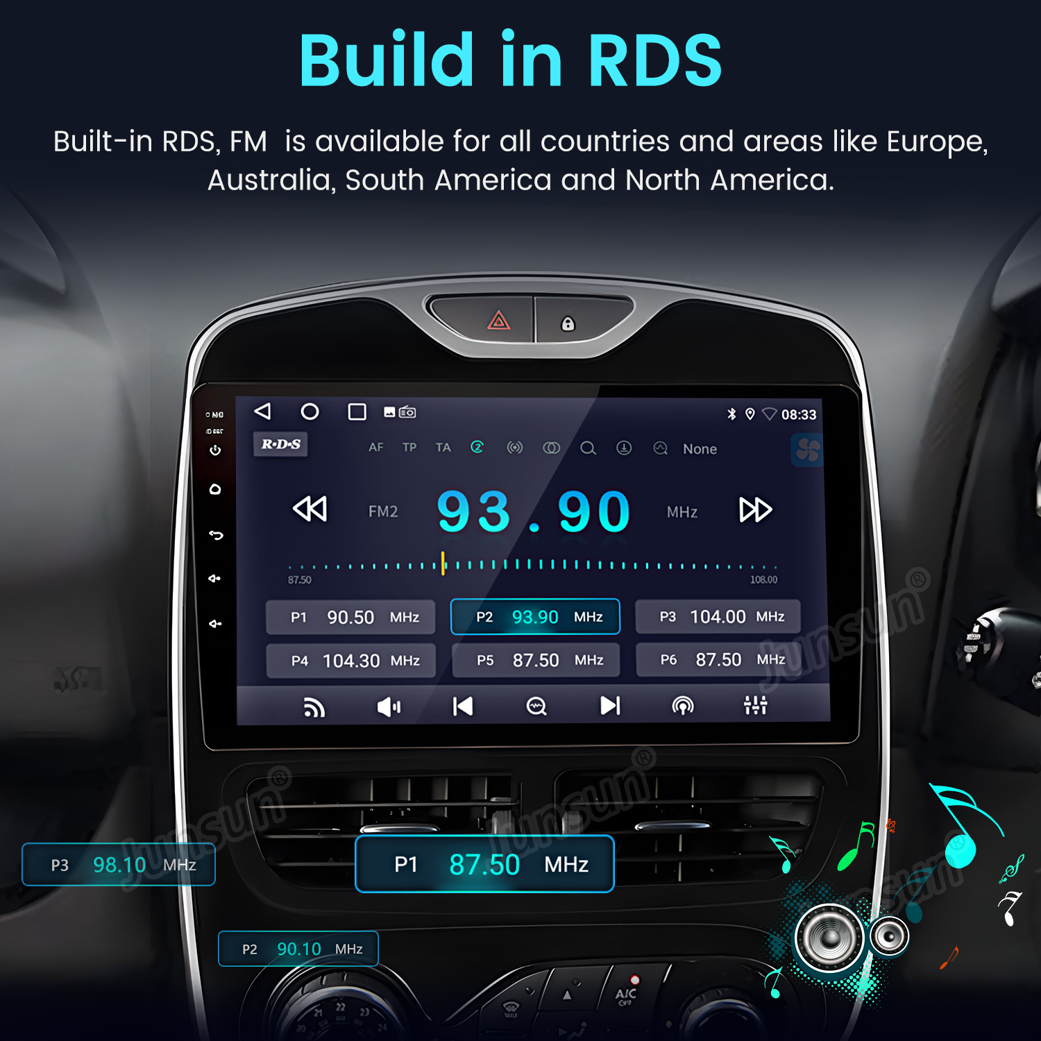 Pantalla del estéreo del coche que muestra la estación de radio FM de 93.90 MHz. Se ven botones para estaciones preestablecidas. Se destaca el sistema RDS.