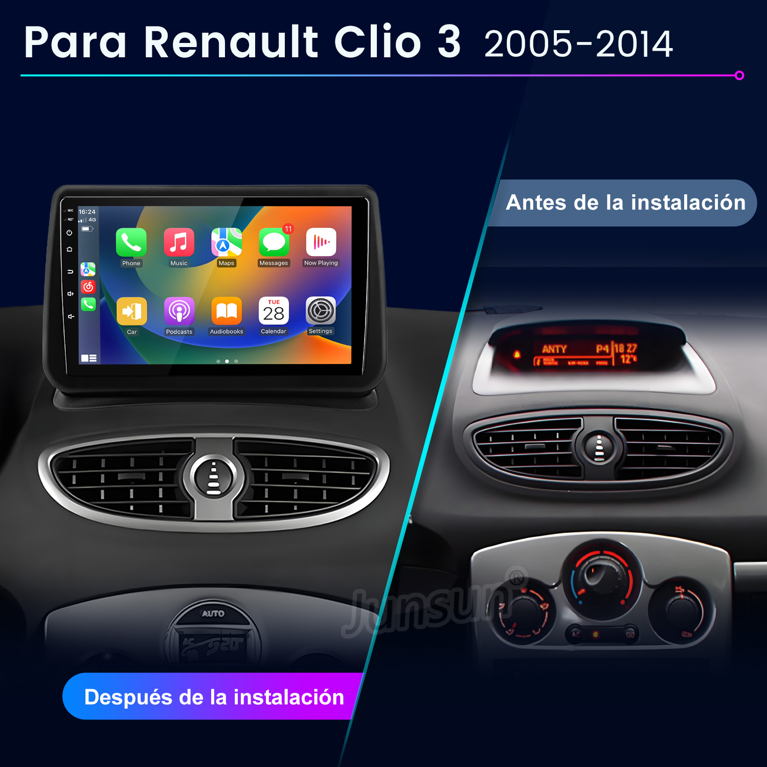 La imagen muestra un salpicadero de coche. A la izquierda, una pantalla digital instalada, a la derecha, la radio original. El texto dice: Para Renault Clio 3 2005-2014.