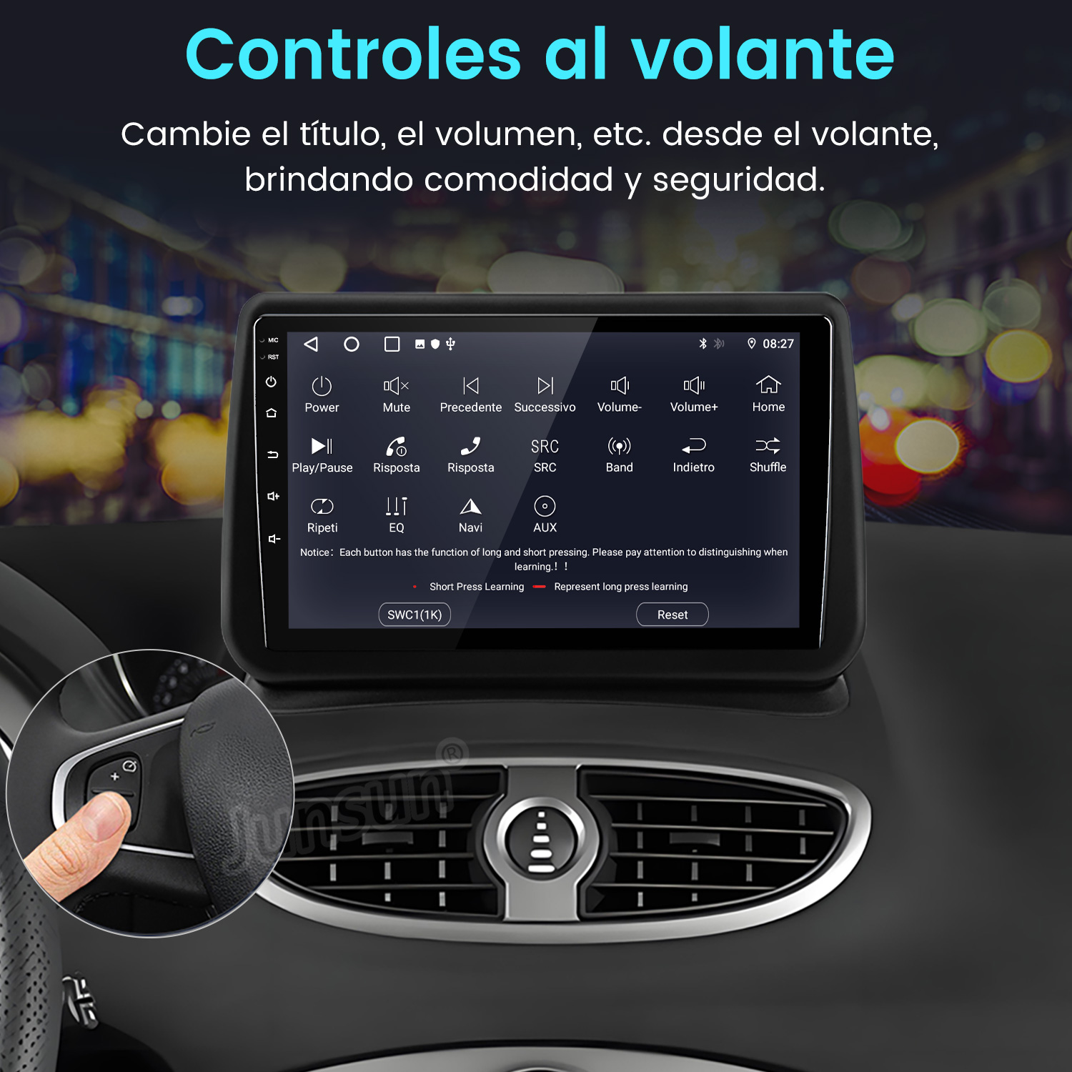 Una mano presiona un botón en el volante. Una pantalla muestra los controles de la radio del coche. El texto dice 'Controles al volante'.