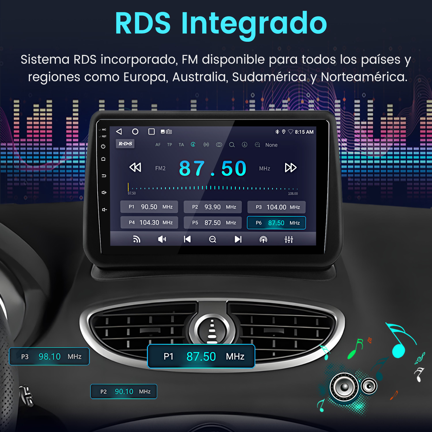 Radio de coche con RDS y pantalla FM. Muestra la frecuencia 87,50 MHz. La pantalla muestra la hora 8:15 AM. Los botones muestran la frecuencia.