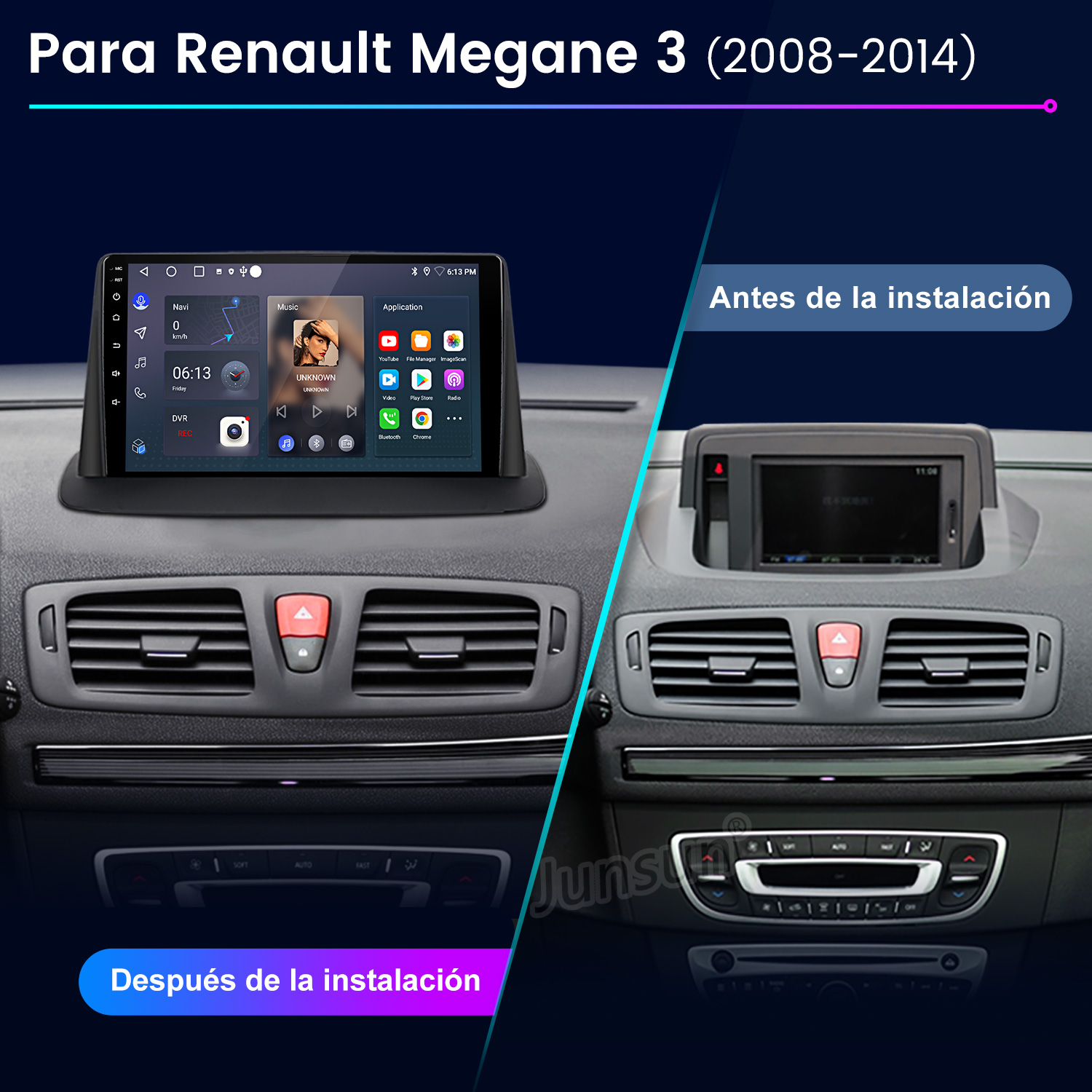 Comparación del salpicadero del coche antes y después de la instalación de la radio. Muestra la pantalla de la radio y la original.