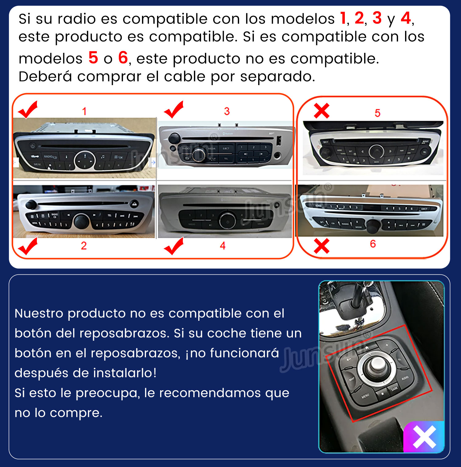 Imagen muestra modelos de radio de coche con marcas de verificación para compatibilidad, y marcas x para incompatibilidad. El texto menciona compatibilidad.