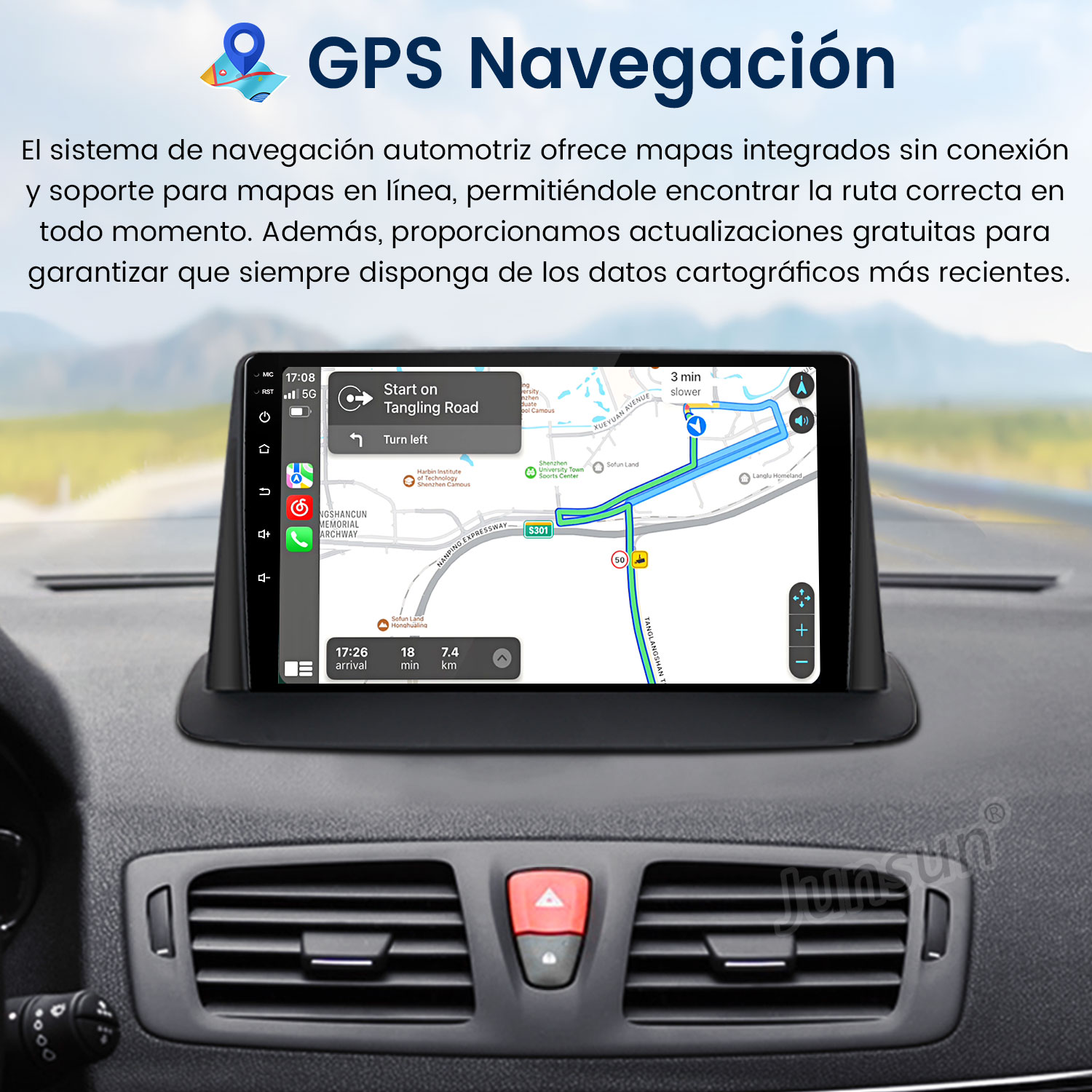 Pantalla de navegación del coche mostrando mapa con ruta. Detalles del salpicadero visibles. Texto en español arriba.