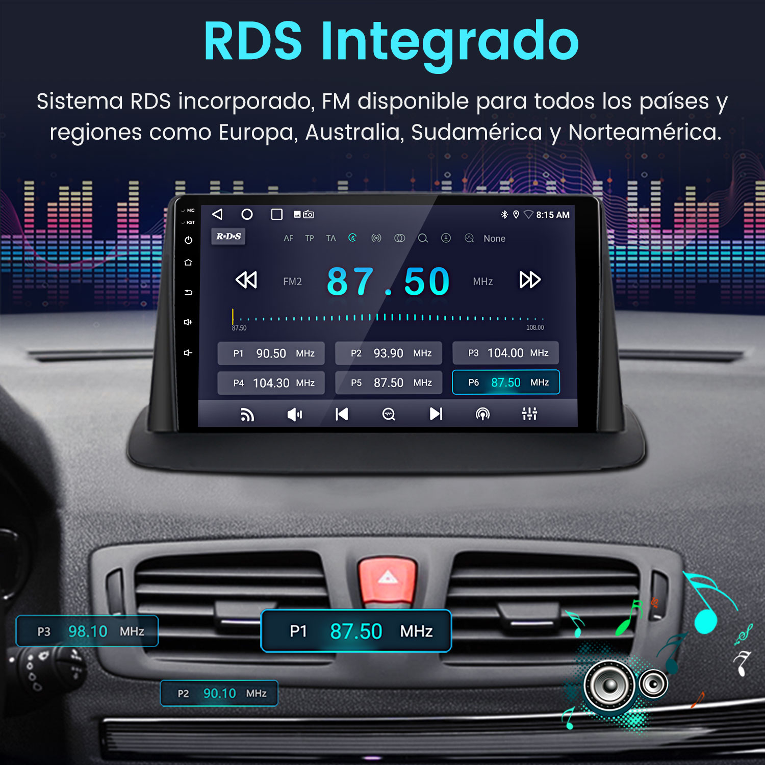 Panel de instrumentos con pantalla que muestra información de radio FM. La pantalla muestra la frecuencia 87.50 MHz. El interior del coche es visible.