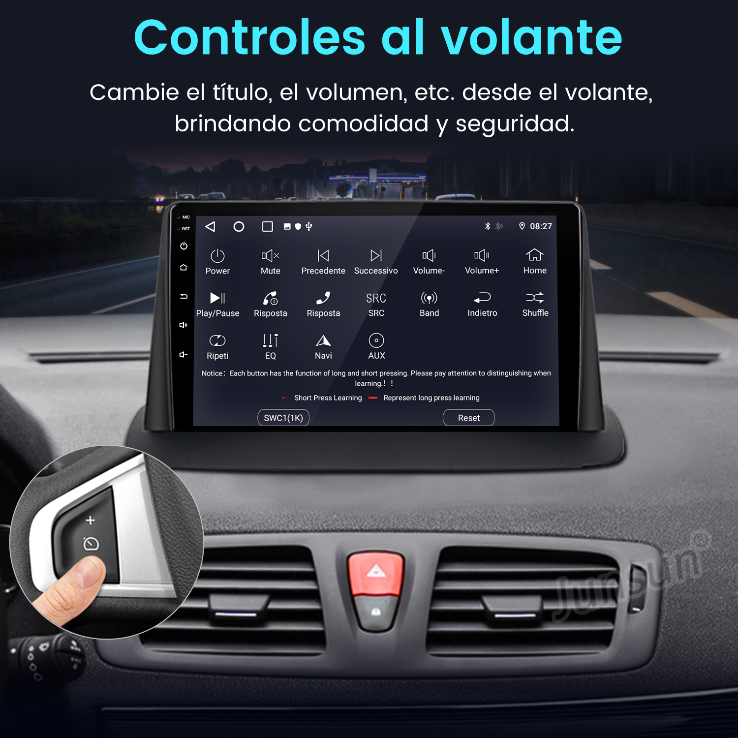 Panel del coche con pantalla táctil mostrando funciones. Una mano pulsa un botón del volante.