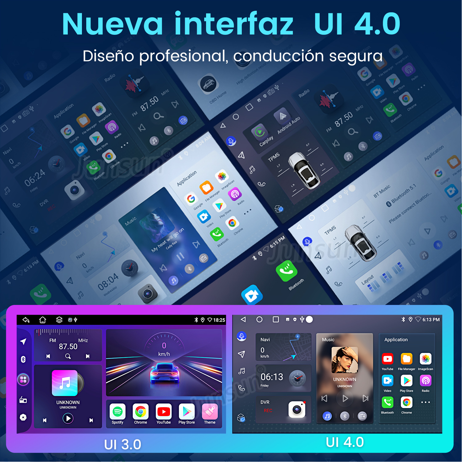 Interfaz de coche multipanel con UI 3.0 y 4.0. Muestra funciones de radio, navegación, música y aplicaciones, en español.
